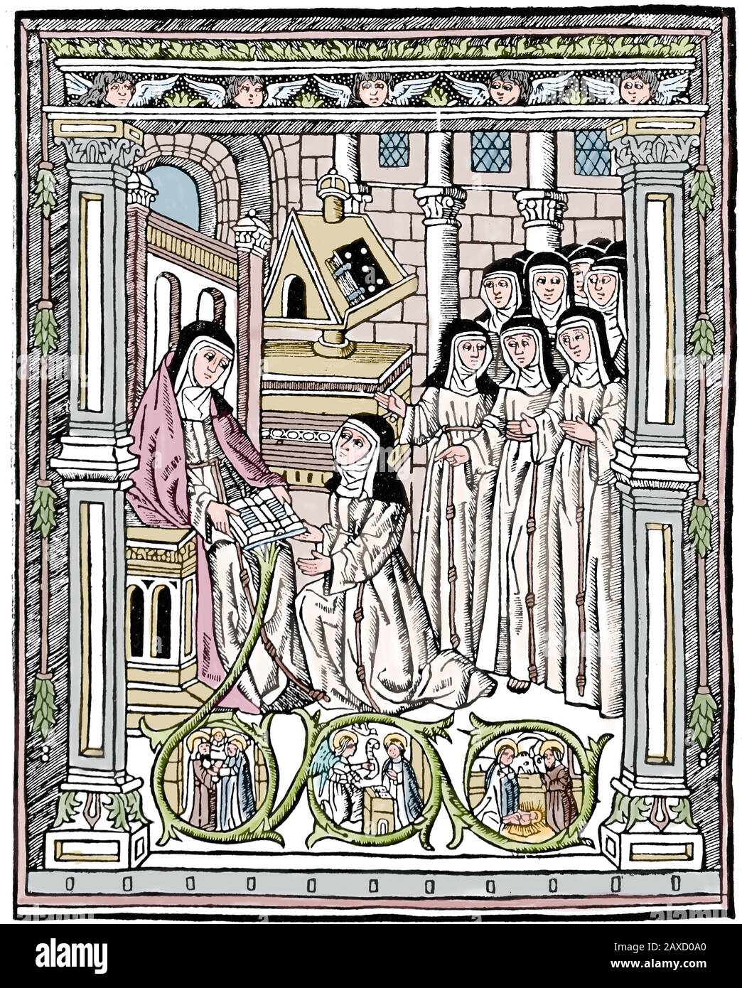 Äbtissin von Isabel de Villena (1430-1490), die ihr Werk Vita Christi (Christusleben) an ihre Clarissinnen, Valencia, Spanien, abgibt. 1513 Stockfoto