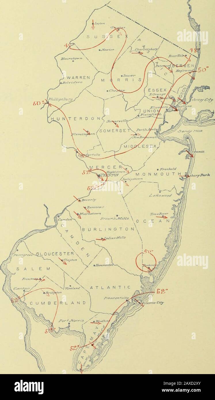 Klimatologische Daten, New Jersey. BOSTON, MASSE. WETTERBÜRO am 22. November 1907 iMonthiy IMEAN Isotherms und PrevaSling Winds, Oktober 1907. OOTOIUOK, l.K.)7 CausMATOLOUlCAL llKrOUT: ^KV .JKSKV SKCTJON. US-LANDWIRTSCHAFTSABTEILUNG, CLLMATOLOGLCYL-SERVICE OK THB WEATHER BUREAU. ZENTRALSTELLE: WASHINGTON, D. C. J^EW JERSEY SECTIOISL, LEVI A. JUDKINS, SEKTIONSDIREKTOR. Bd. XX. Atlantic City, N. J., Octobku, 1907. • Nr. 10. ALLGEMEINE ZUSAMMENFASSUNG. Im Oktober 1907 herrschte klares und kühles Weatluv. Die Temperatur von Themean ist die niedrigste, die im Oktober in einem Zeitraum von 21 Jahren gemeldet wurde, A-itli t Stockfoto