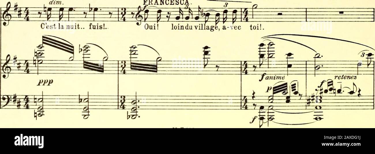 Scemo: Drame lyrique en trois actes et cinq tableaux. (Anhänger des dcn-DIM Mots... auf einem vu des ombres se glisser entre les arbres et au Moment où Francesca fait le geste dcn-DIM. , FRANCESCA. ^ -=^=. 25-TR^iîner Lazaro, Giovann Surgit, et reste immobile, silencieux.) Stockfoto