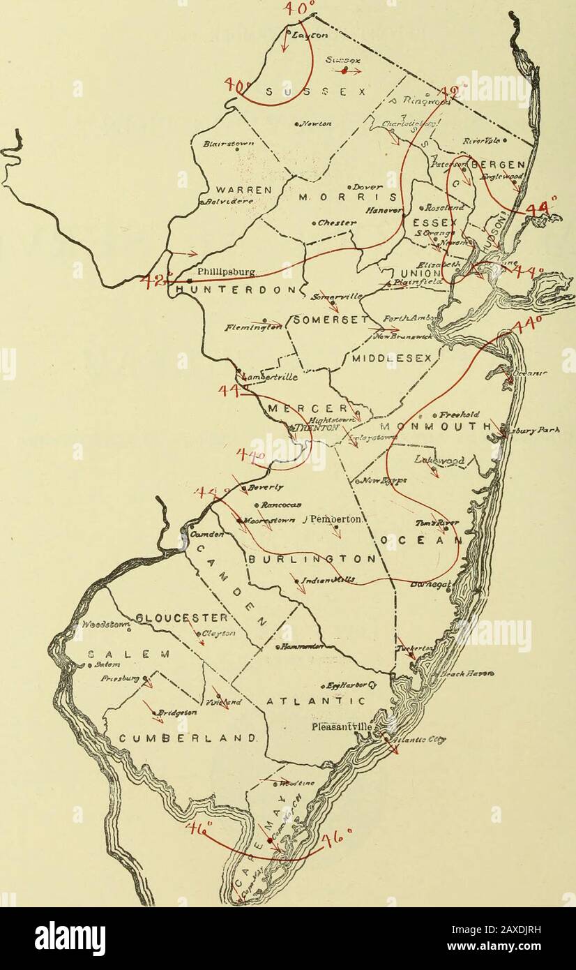Klimatologische Daten, New Jersey. Boston, MASS.WEATHER BUREAU OFFICEDecember 18, 1906 einsam Mean Isotherms und Vorherrschende Winde, November, 1906. NoXKMl.Kli. I.HIC. (M.iMATOI.odicAi. I;i-:i()i;i: M.w .ll•;I;s^;^ skcimon. W V. S, DHPAKTM1:NT OL AORlCUI/rURF, CLIMATOLOGICAI. SlRVLCE VON THK WEATIlliR BUREAU. ZENTRALSTELLE: WASHINGTON, D. C. R^EW (JERSEY SECTIOJ^,LEVI A. JUDKINS, SEKTIONSDIREKTOR. XIX Atlantic City, N. J., Novkmbek, 1906. Nr. 11. ALLGEMEINE ZUSAMMENFASSUNG. Der Monat war insgesamt eher angenehmer als der durchschnittliche N()veml)er und entschieden mehr als der Präzedenzinoiitli-Octob Stockfoto