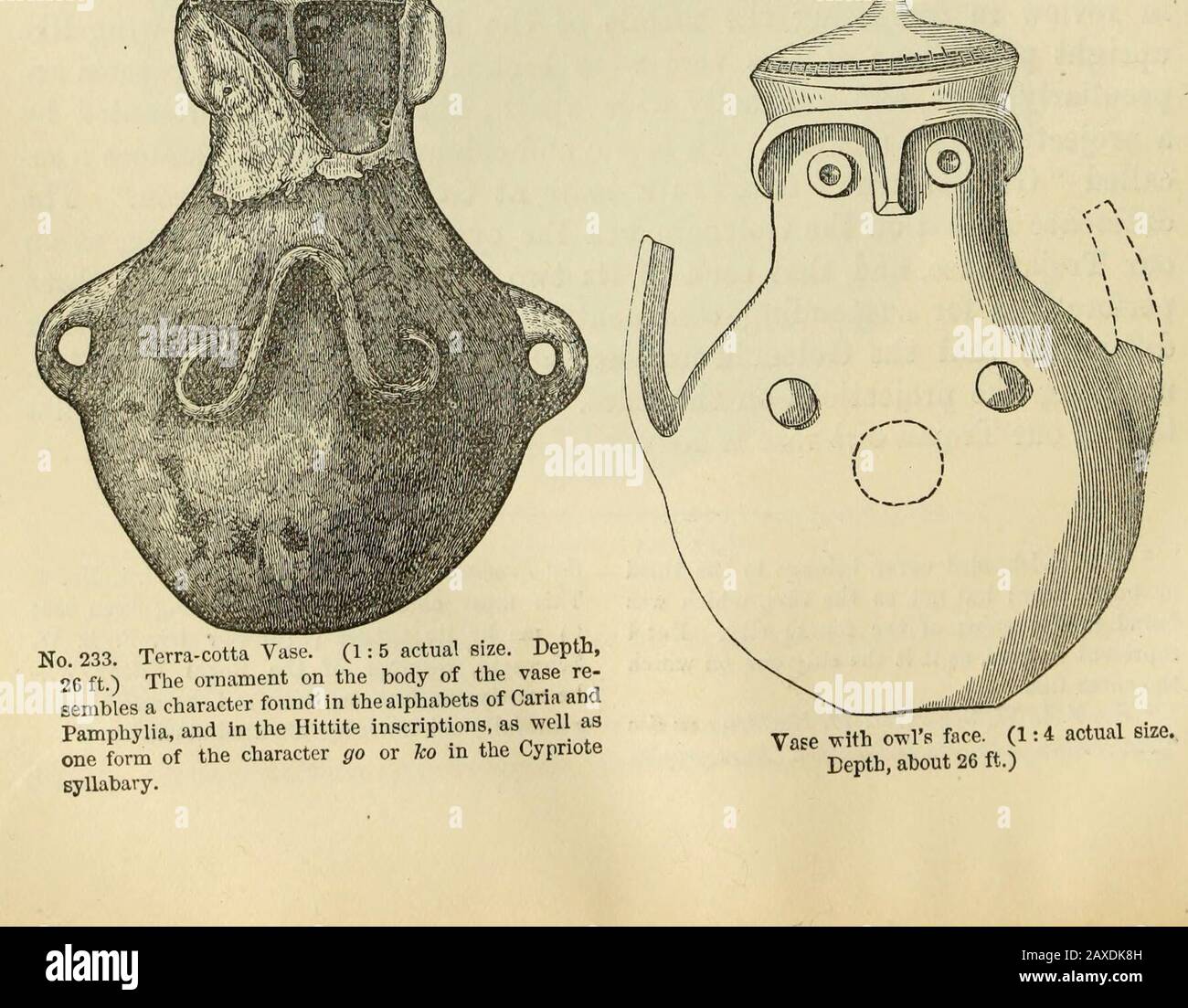 Ilios; die Stadt und das Land der TrojansDie Ergebnisse von Forschungen und Entdeckungen auf dem Gelände von Troja und in der ganzen Straße in den Jahren 1871-72-73-78-79, einschließlich einer Autobiografie des Autors . II Nr. 232. Terra-cotta Vase, mit Eulen Kopf, in denen man viele Goldornamente angenehm fand. (1:3 tatsächliche Größe. Tiefe, 30 Fuß) Die Vase Nr. 233 ist auf beiden Seiten mit einem gebogenen Ornamentin verziert, der die Form des zyprioten Charakters für ho hat, oder mit einem Charakter, der in den Alphabeten von Caria und Pamphylien sowie in den m Hittiteinschriften zu finden ist: Sie hat zwei Griffe. Der Kopf wurde getrennt gefunden, Stockfoto