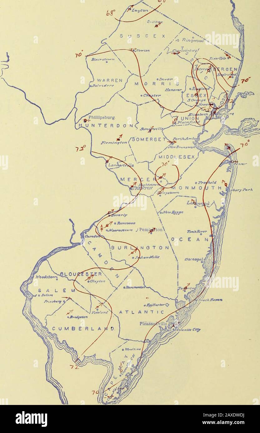 Klimatologische Daten, New Jersey. ATLANTIC CITY, BÜRO N.J.WEATHER BUREAU. Juli 1906. MONATLICHE MITTLERE ISOTHERMEN UND VORHERRSCHENDE WINDRICHTUNG, JUNI, 1906. JITNK, I9OR. CI.IMA ROI.OCJICAF, KKIMHM: NKW .IKI{SKV SKCTION. 4.! US-LANDWIRTSCHAFTSBEHÖRDE. Climatologicai. DIENST DES WETTERAMTES. ZENTRALSTELLE: WASHINGTON, D. C. NEW JERSEY SEKTION, LEVI A. JUDKINS, SEKTIONSDIREKTOR. L. XIX Atlantic City, N. J., Junk, 1906. Nr. 6. ALLGEMEINE ZUSAMMENFASSUNG. Die Durchschnittstemperatur für Juni 1906 lag bei ca. 1 Grad über ] iomial, die Abfahrten an einzelnen Stationen von -).i.i, in Oceani Stockfoto