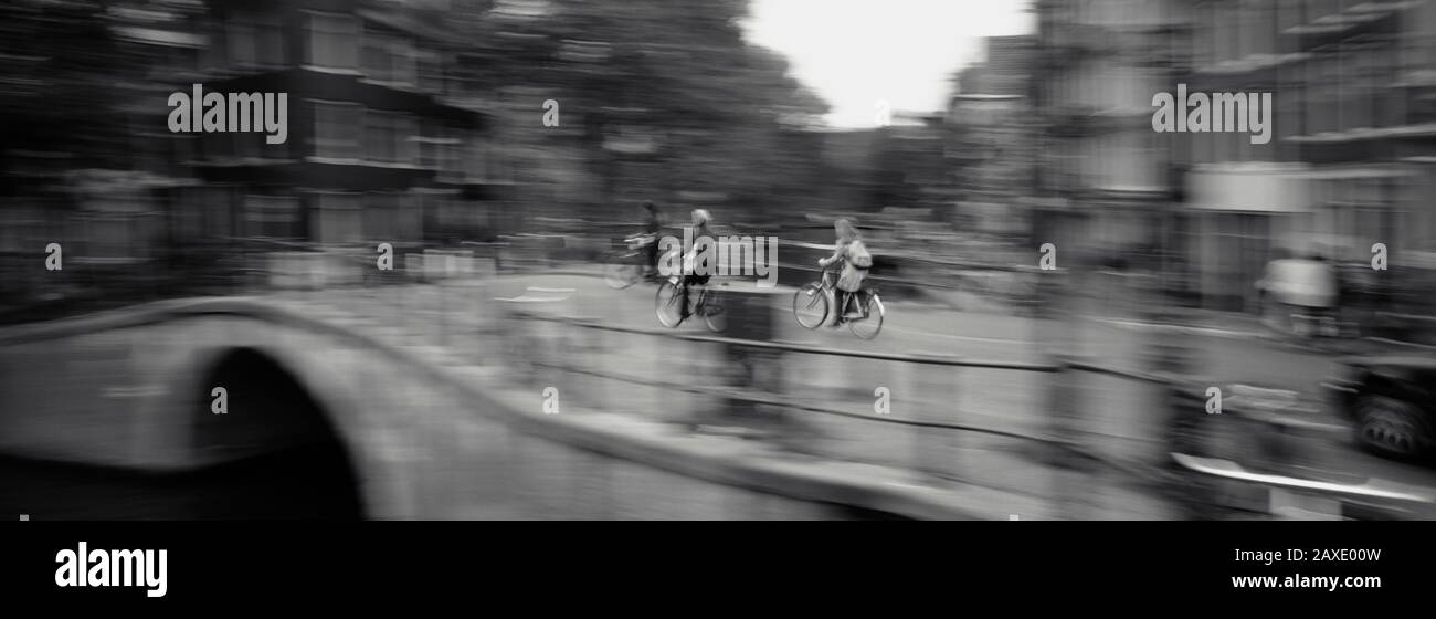 Rückansicht Von Drei Personen Radeln, Amsterdam, Niederlande Stockfoto