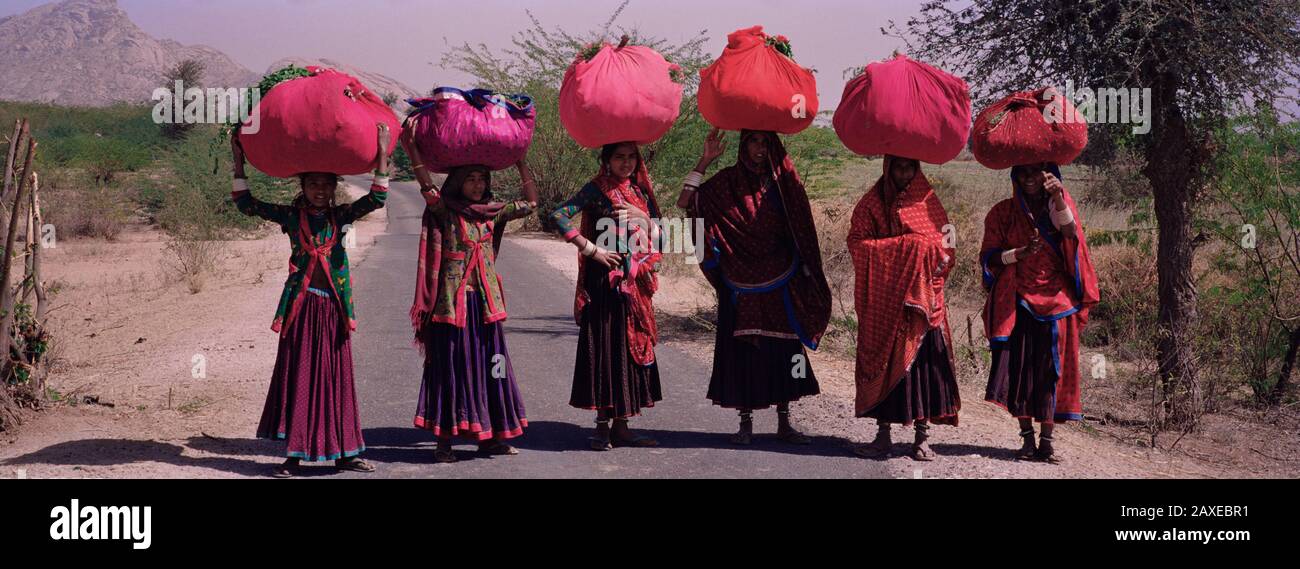 Frauen, die auf EINER Straße Mit Gepäck Auf Ihrem Kopf stehen, Siana, Jodhpur, Rajasthan, Indien Stockfoto