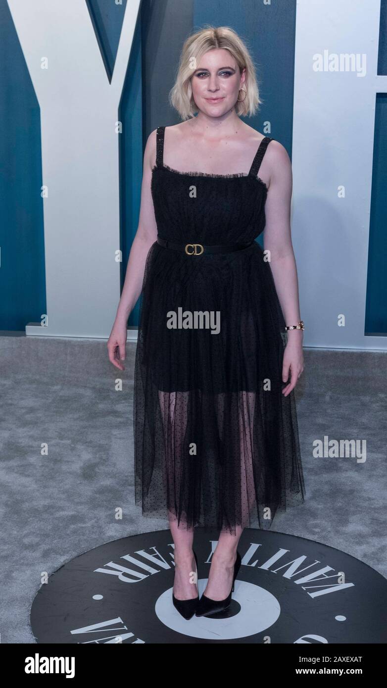 Greta Gerwig besucht am 09. Februar 2020 die Vanity Fair Oscar Party im Wallis Annenberg Center for the Performing Arts in Beverly Hills, Los Angeles, USA. Weltweite Verwendung Stockfoto