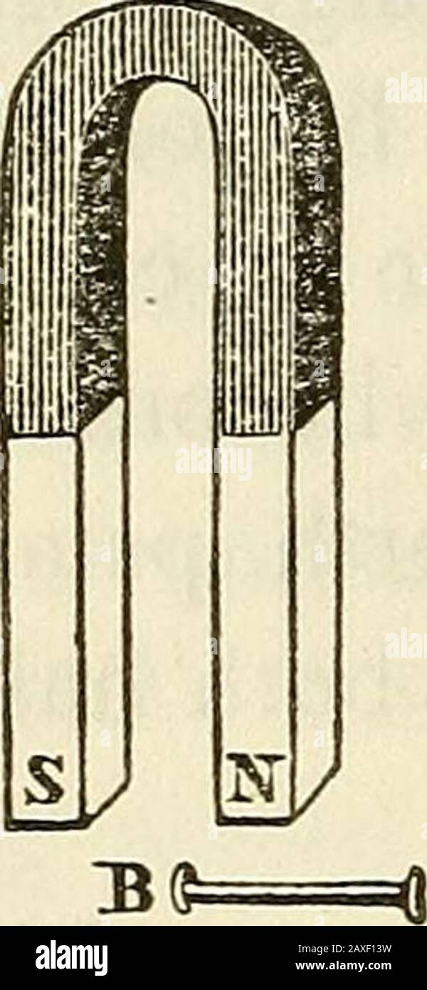 Davis' Handbuch des Magnetismus: Einschließlich Galvanismus, Magnetismus, Elektrmagnetismus, Elektrodynamik, Magnetostrom und Thermoelektrizität. Er Magnet wird näher gebracht, bis er eine bestimmte Grenze erreicht, wenn die Anziehungskraft des Magneten für die unteren Pole ihre gegenseitige Abstoßung übertreibt und sie dazu führt, sich gegenseitig zu nähern; Während die Abstoßung der oberen Enden wie bisher bleibt. 226. Die gegenseitige Abstoßung zweier durch Induktion magnetisierter Stücke kann auch durch das Schiff gezeigt werden. 89. Anordnung in Abb. 89.Es gibt zwei kurze Stücke Eisendraht, auf deren Enden se sind Stockfoto
