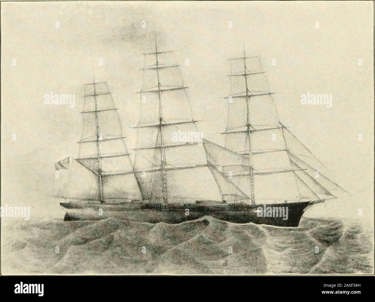 Einige Schiffe der Clipper Ship Era, ihre Erbauer, Besitzer und Kapitäne; . 28 EINIGE SCHIFFE DES SCHIFFES "CLIPPER SHIP ERA" auf See. Sie beförderte eine Ladung mit einem Gewicht von 2.950 Tonnen, eine Portionierung davon war Mehl, das für 44 Dollar pro Barrel verkauft wurde; während ihre Totalfracht mit 84.000 Dollar bewertet wurde. Tausende von Leuten waren aboutthe Wharf, um sie zu begrüßen, und als sie ankam, sangen die Matrosen,- O Susannah Darling, nimm deine Leichtigkeit, Denn wir haben die Clipper Fleet, Den Sovereign of the Seas, geschlagen. Leiifftli, -)" soi:Ki;i(in OF Tonnage, 2li Nach Leutnant Maury, die beste Autorität, segelte sie, vom 9. März bis zum 31. 43 Stockfoto