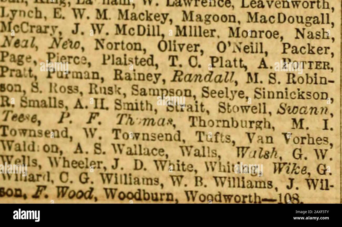 Der Tribune Almanach und das politische Register für. . Phelps, J. F. Philips, W.A. Phillips, Piper, Poppteton, Powell, Reagan, J. Reilly, A. V. Rice, Riddle, J. Rabbins, W." M. Robbins, C. B. Roberts M. Ross, Savage, M. Sayttr, Scales, Schleicher, Sheakley, Sinlet&lt;m, Slemons, W. E. Smith, Southard, Sparks, Springer, Stenger, Stevenson, Stone, Tarbox, Ferry, C. P. Tlmpson, Throckmor-Ton, Tucker, Turney, J. L. Vance, R, B.Vanes, Waddel, C. Walker C. C.Walker, Walling, Ward, Warren, E Wells, Wtitehouse, Wigginton, A. S. Williams, J. D.Wlli"Mn, J.N. Williams, Willie, Wilshire, B Wihun, Yeatee-li5. Stockfoto