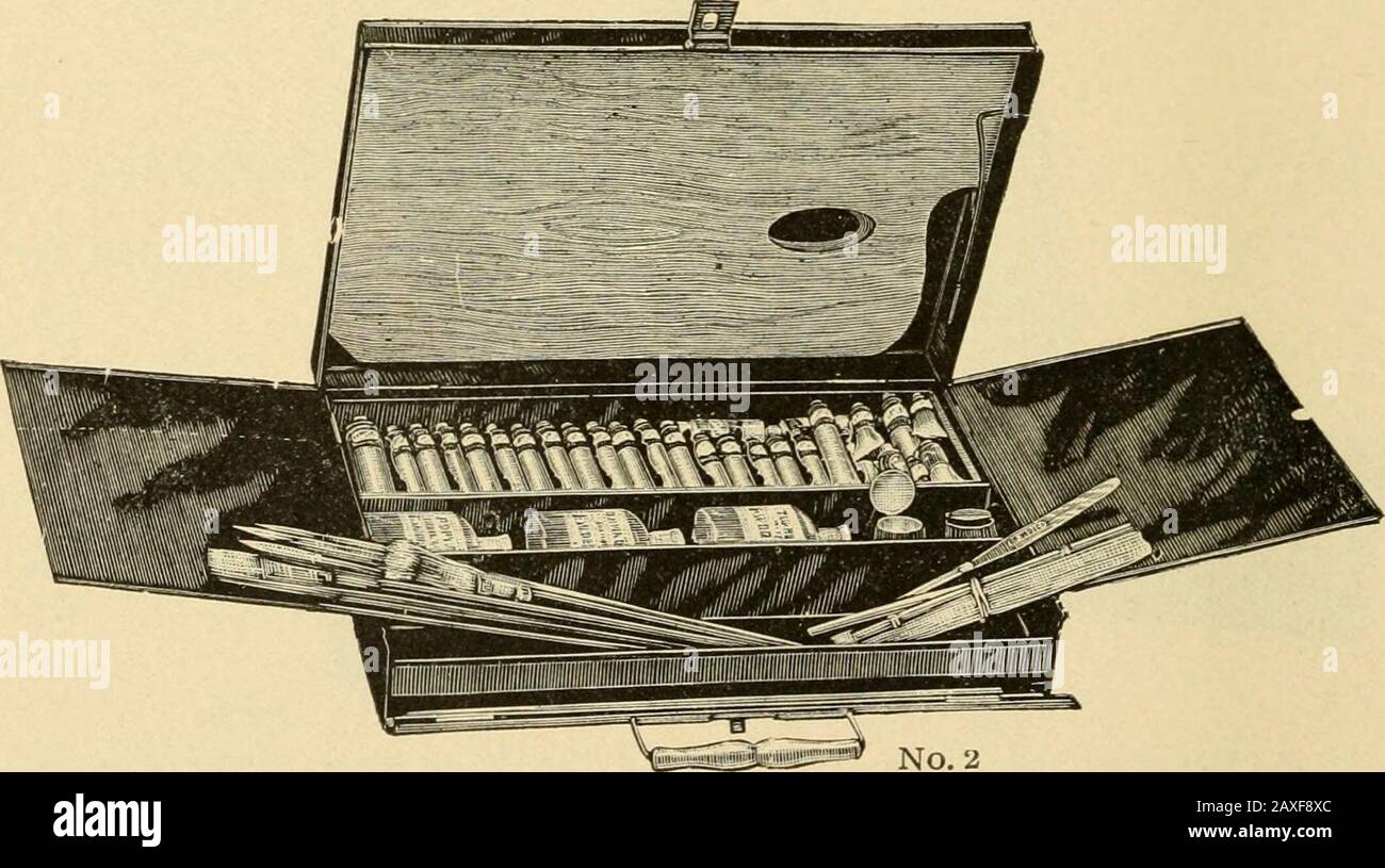 Preisgünstiger Katalog von Künstlermaterialien: Lieferungen für Ölgemälde, Wasserfarbenlackierung, chinesische Malerei .. Und Zeichenmaterialien für Architekten und Ingenieure, manuelle Ausbildungsschulen und Hochschulen. . Fulton.-9 x 13 Zoll und 2 Zoll tief, bewegliches Tablett, flaches Oberteil, Klappen, die sämtliches Material besoffen. Fach und Platz im Boden sind partitioniert, um ein Doppelrohr zwei Einzelrohre in jeder Partition zu halten. Je leer, 1,50 US-Dollar Sortiment B.-Contg 14 Doppel- und 4 Einzelröhrchen von F. W. Devoe & Gos. Aufbereitete ArtistsOil Farben; 1 zusammengefügte Mahl Stickerei; Polierte Palette; 4 Borstenkünstlerbürsten aus Lyons, 3 Strumpfhosen Russland S Stockfoto