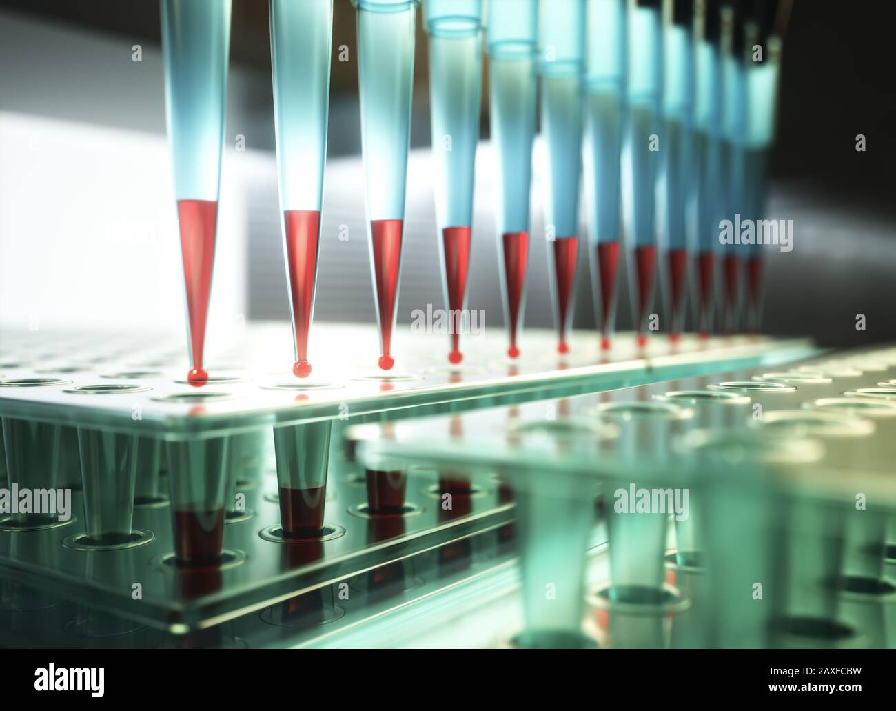 Mehrkanalpipette und Multiwell-Platten, die im mikrobiologischen Labor verwendet werden. 3D-Abbildung. Stockfoto