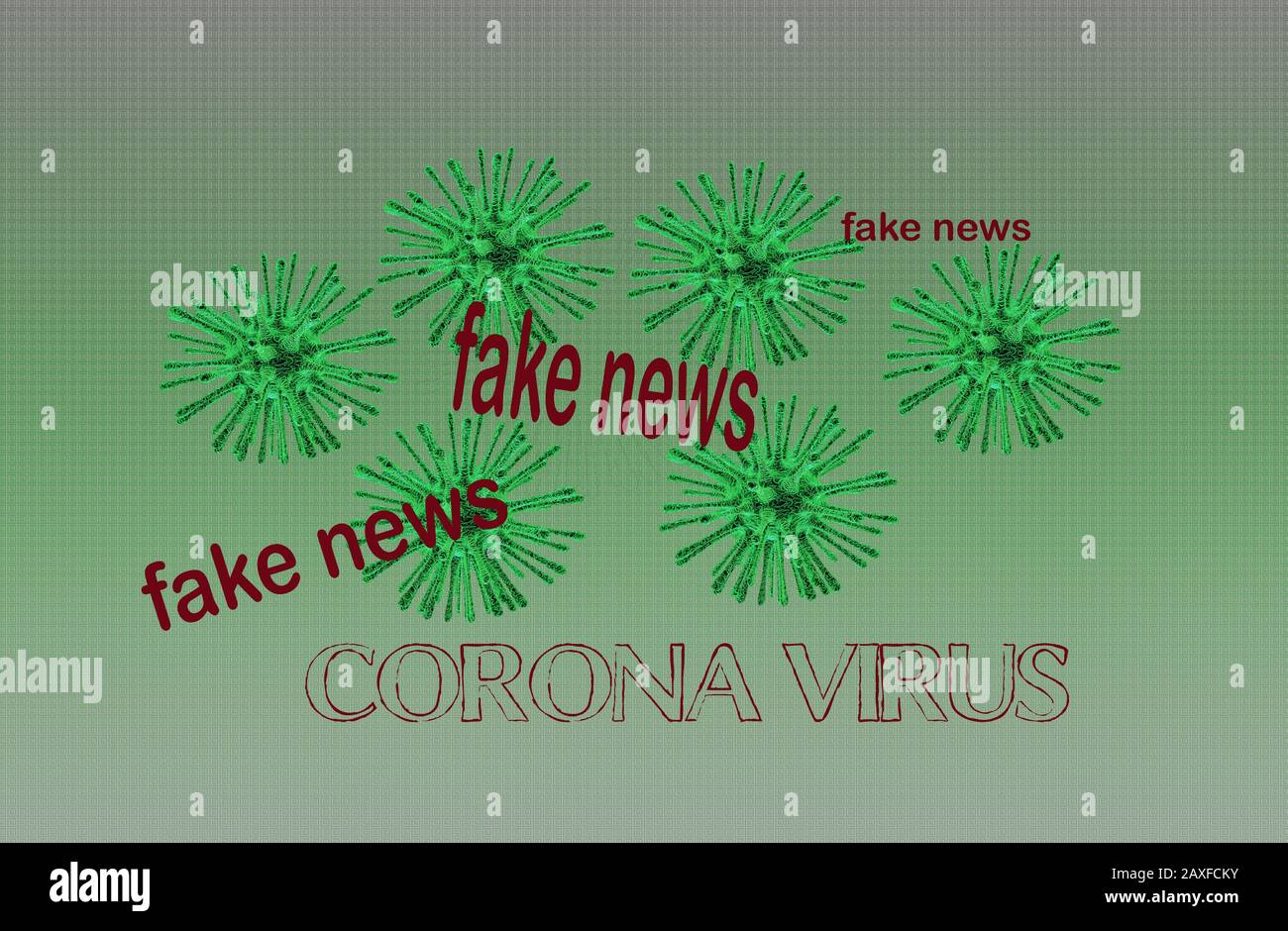 Illustration von grünen Mikroben mit 'Fake News' und 'Coronavirus' geschrieben Unten Stockfoto