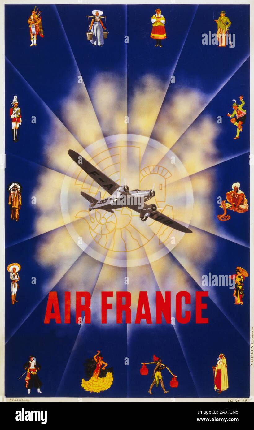1940 Ca, Paris, FRANKREICH: AIR FRANCE Reiseplakat . - FOTO STORICHE - GESCHICHTE - BESTAND - Frau - Mädchen - donna - TURISMO - VOLI AEREI - VIAGGI - VIAGGIO - AEROPLANO - TURISTI - GRAFICA - GRAPHIC - NOVECENTO - 900 - XX JAHRHUNDERT - Lokandina pubblicitaria - PLAKAT - pubblicita - Pubblizita - Manifest - Manifest Pubblicitario - illuzazione - Illustration - AVIAZIONE CIVILE - Tourismus - TURISTI - TOURISTEN - Archivio GBB Stockfoto
