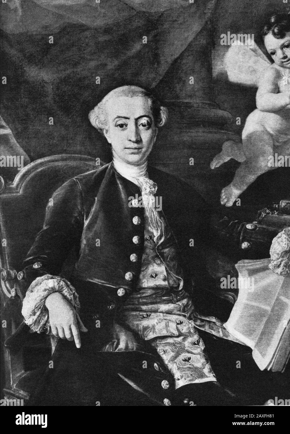 1767 : Der italienische Schriftsteller, Memorialist, Geheimagent und große Liebhaber GIACOMO CASANOVA ( Venezia, 1725 - Dux, heute Duchcov, im Jahre 1798 ), dargestellt von R. MENGS . Sein Hauptbuch Histoire de mA vie ( Geschichte meines Lebens ), Teil der Autobiografie und Teil Memoiren, gilt als eine der authentischsten Quellen für die Sitten und Normen des europäischen gesellschaftlichen Lebens im 18. Jahrhundert. Ein so berühmter Womanizer war er, dass sein Name weiterhin Synonym für die Kunst der Verführung bleibt und er manchmal "der größte Liebhaber der Welt" genannt wird. Er genoss die Gesellschaft europäischer Königstitel, Päpste und Kardinäle, zusammen mit Männern su Stockfoto