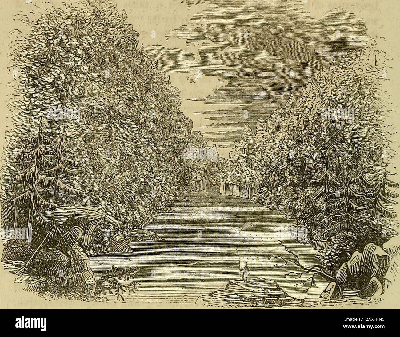 Das Bildskizzenbuch von Pennsylvania: Oder, seine Landschaft, innere Verbesserungen, Ressourcen und Landwirtschaft, im Volk beschrieben . t Schlafen auf dem Bosomof des Flusses. In einer halben Stunde, mit einer Änderung der Atmosphäre, begann der Dampf aufzusteigen, und ein sanfter Strom von Luft zerflatschte ihn, wie durch die süße weiche Atmung von Morn selbst, ohne das Blatt zu brechen, auf die westliche Seite des Flusses. Dort hing es eine Zeit lang inangel weiß, wie eine Zone aus silbernem Bändern den wilden Berg. Sei-tief, bis zum Grund des Golfes waren die Berge noch in so-lemn-Schatten gekleidet, während, in hell und g Stockfoto