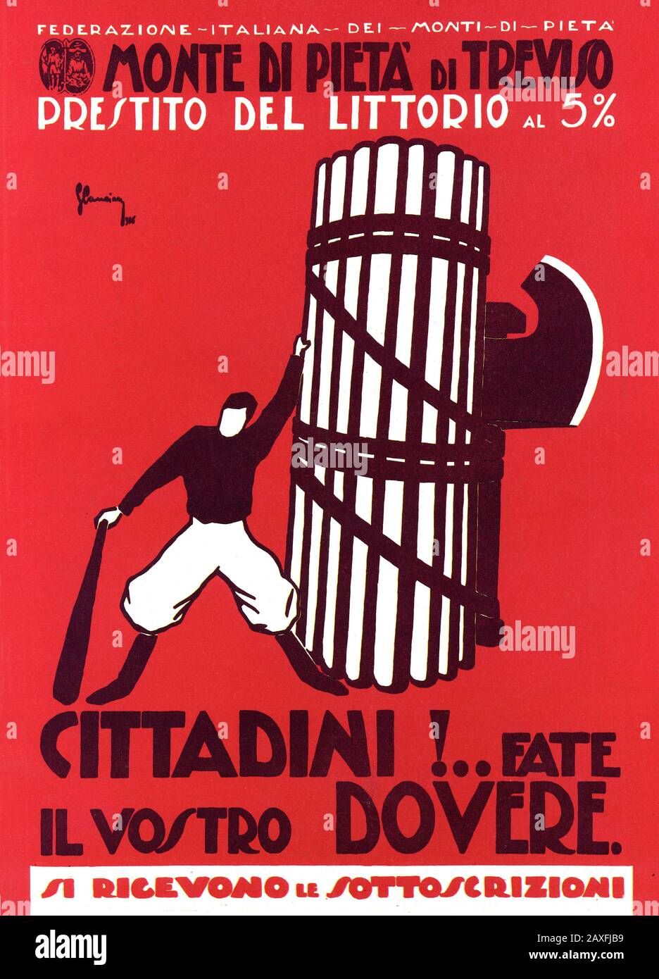 1926 , ITALIEN : Propaganda des italienischen Faschistenposters für die BANK MONTE DI PIETA' DI TREVISO PRESTITO DEL LITTORIO . ILLUSTRATION DES KÜNSTLERS G. CANZIANI - FASCISMO - FASCISTA - FASCHISMUS - ANNI VERS - ART DECO - ITALIA - 20 - '20 - SCHWARZES HEMD - CAMICIA NERA - FOTO STORICHE - HISTORIENFOTOS - STOCK - ITALIEN - ITALIA - XX CENTURY - NOVECENTO - SECONDA GUERRA MONDIALE - 2. Weltkrieg II - Baston - PLAKAT - AFFICHE - Illustrazione - Illustration © Archivio GBB / Stockfoto
