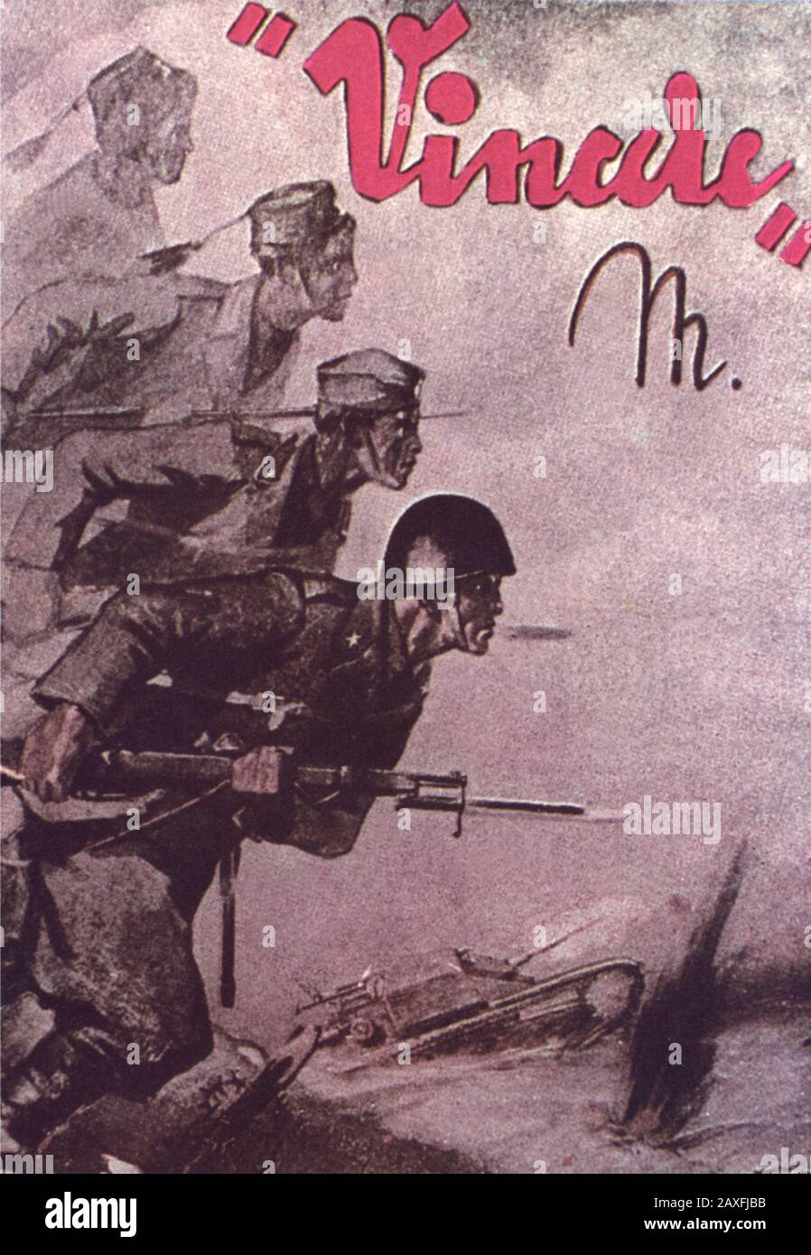 1940 Ca, ITALIEN: Propaganda des italienischen Faschistenplakats für den KRIEG ( VINCERE: WIN ) - FASCISMO - FASCISTA - FASCHISMUS - ANNI VERS - ART DECO - ITALIA - 20 - '20 - BENITO MUSSOLINI - FOTO STORICHE - HISTORIENFOTOS - STOCK - ITALIEN - ITALIEN - ITALIEN - XX JAHRHUNDERT - NOVECENTO - SECONDA GUERRA MONDIALE - 2. WELTKRIEG II - ITALIEN - PLAKAT - AFFICHE - illuzazione - Illustration © Archivio GBB / Stockfoto