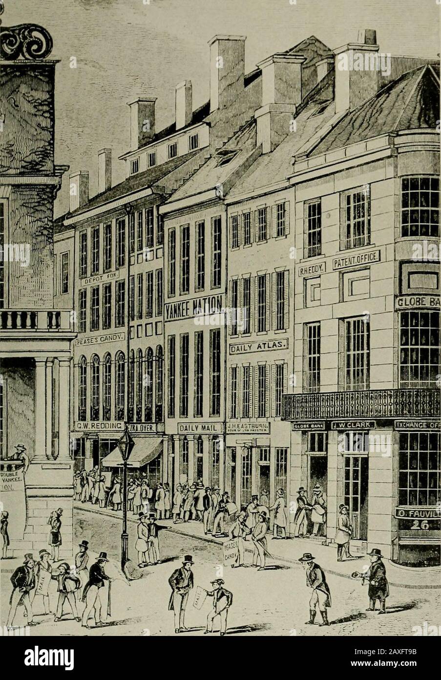 Devonshire Street; eine Sammlung von Fakten und Vorfällen zusammen mit Nachbildungen von Illustrationen zu einer Alten Boston Street . und sie stand an der Spitze des Marktes, oder Great Street der Stadt, wie die State Street enthüllt war, und stand direkt gegenüber der ersten Kirche, Das auf der südöstlichsten Ecke der Devonshire Street stand, dem heutigen Standort des Brazier Building. Sein Grundstück, das etwa einen Hektar groß ist und auf dem Markt, der orState Street, liegt und im Norden bis zur Bucht am Dock Square, dem Landungsort der Stadt, hinunterlief. Auf einmal klagten er und seine Nachbarn anstrengend bei t Stockfoto