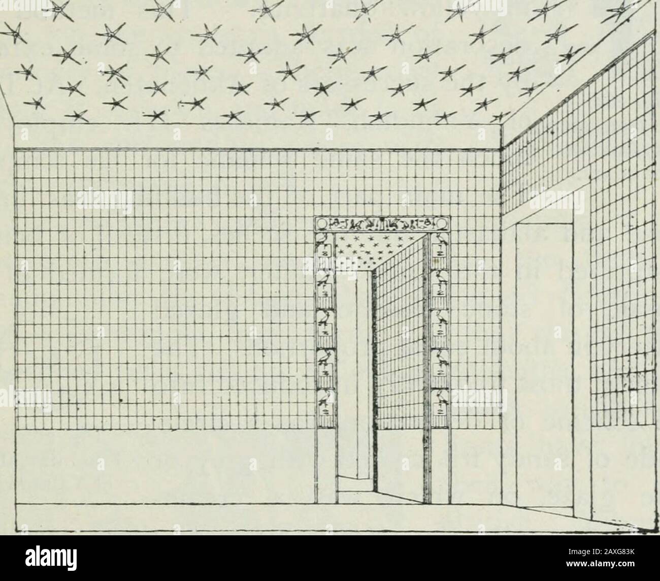 Handbuch der ägyptischen Archäologie und Leitfaden für die Untersuchung von Antiquitäten in ÄgyptFor die Verwendung von Studenten und Reisenden. GLASIERTE FLIESEN. 303 die Tür ist mit den Titeln des Pharaos Zeser aus der Zweiten oder Dritten Dynastie versehen. Die Thieroglyphen sind blau, rot, grün und gelb auf atawnem Hintergrund. Aus der sechsten Dynastie gibt es isa gelbe Fliese, auf der der Name und Ka Nameof Pepi I. steht, und dort Bogenfragmente von Rot und Weiß. Abb. 264.-Kammer, dekoriert mit Fliesen in Stufenpyramide von Saqqara. Fliesen von Seti I. und von Sheshonk (Shishak), besidesa grüne Kachel mit dem Namen Rameses III In TH Stockfoto