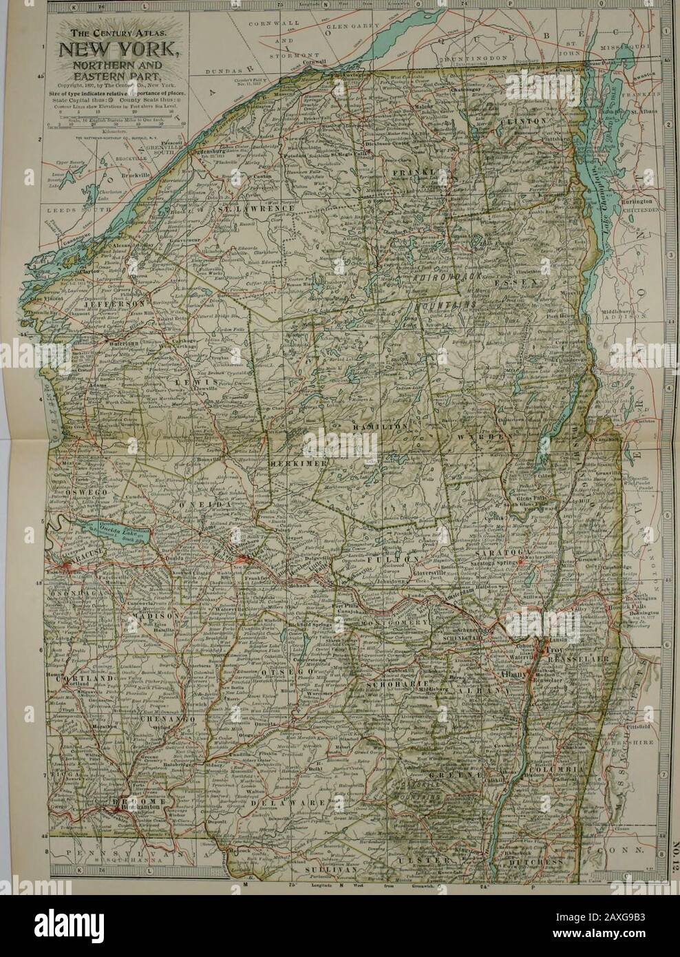 Das Century Dictionary und die Cyclopedia, ein universelles Referenzwerk in allen Abteilungen des Wissens mit einem neuen Atlas der Welt. Nr. i]_ NEW YORK, Southern I^Art. Nr. 12 NEW YORK, Northern und Eastern Part. - Der Century Atlas. ^ NEW YORK, NORT^Fern UND, ÖSTLICHER TEIL, r.ijTlKlii, l*^T, l,y TN.Oriliirj Co. Nov Vu(tSUe von I^-pe Zeigt relative Importaoce Df placeg.fCupltui llioe:^ CUOly SealBtJnis:* an. Nr. 12 NEW YORK, Northern and Eastern Part. Nr. 13 NEW YORK, Western Part. Stockfoto