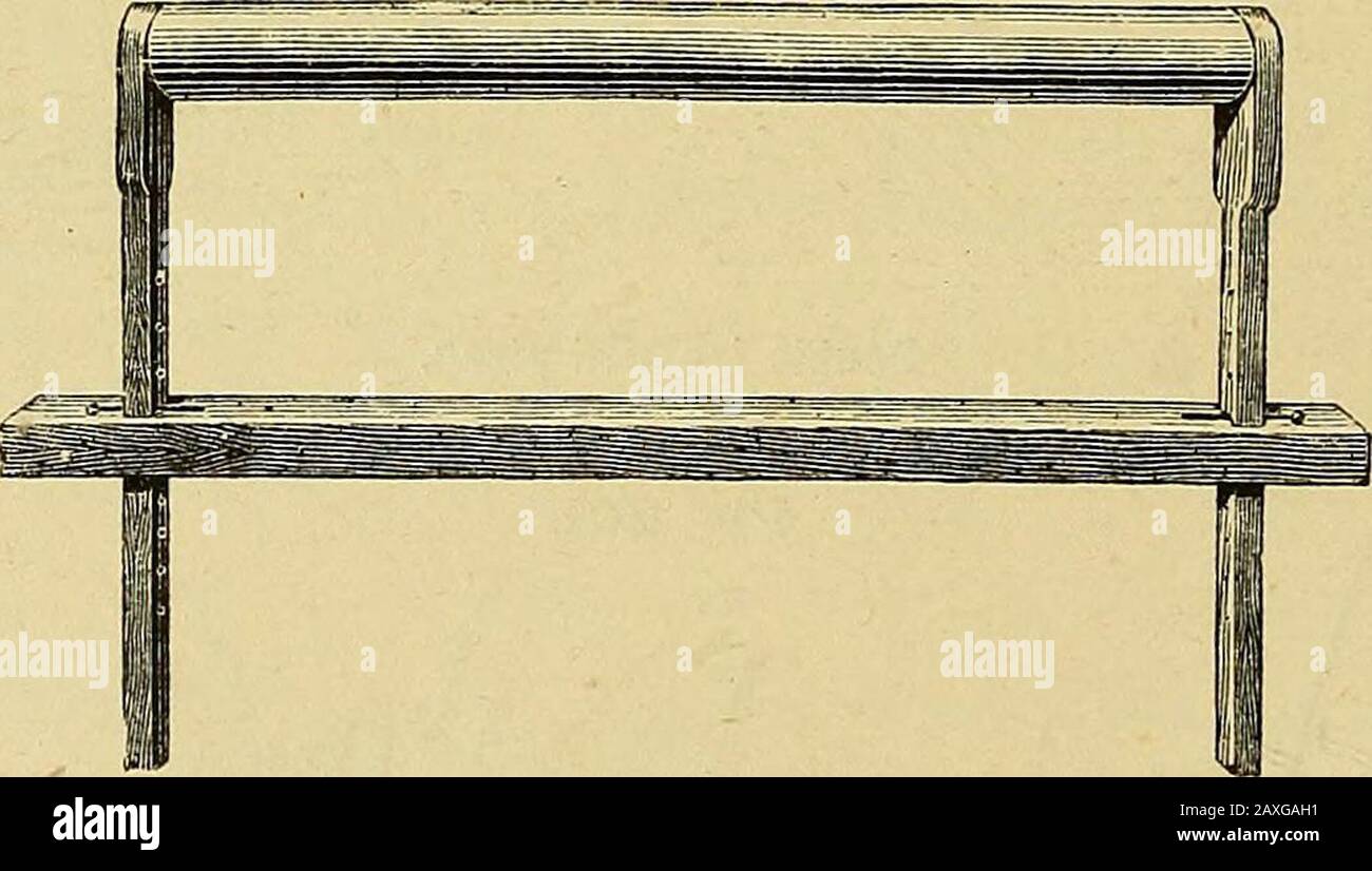Das Handbuch des Chirurgen zur Behandlung von Kriegsverletzten: Ein Preisaufsatz . ESMARCHS Doppelschräge Ebene. Unterstützung des Fußes zwei längere Holzpflöcke werden verwendet, zwischen denen ein Leinenbandverband in Figuren von acht. S gespannt ist. Dobsons Holztretel (Abb. 203), die unter die Abb. geschoben wird. 203.. Dobsons Holztrestle zum Anheben der Matratze, Matratze unter den Knien, kann auch eine geeignete Doppel-Neigungsfläche für beide Beine erzeugen. £. Renzs Doppelkastensplint (Spreizlade) eignet sich besonders für Fälle von zusammengesetzten Frakturen des Oberschenkels, bei denen das obere Fragment 95 Abb. 204. LW® B^ Stockfoto