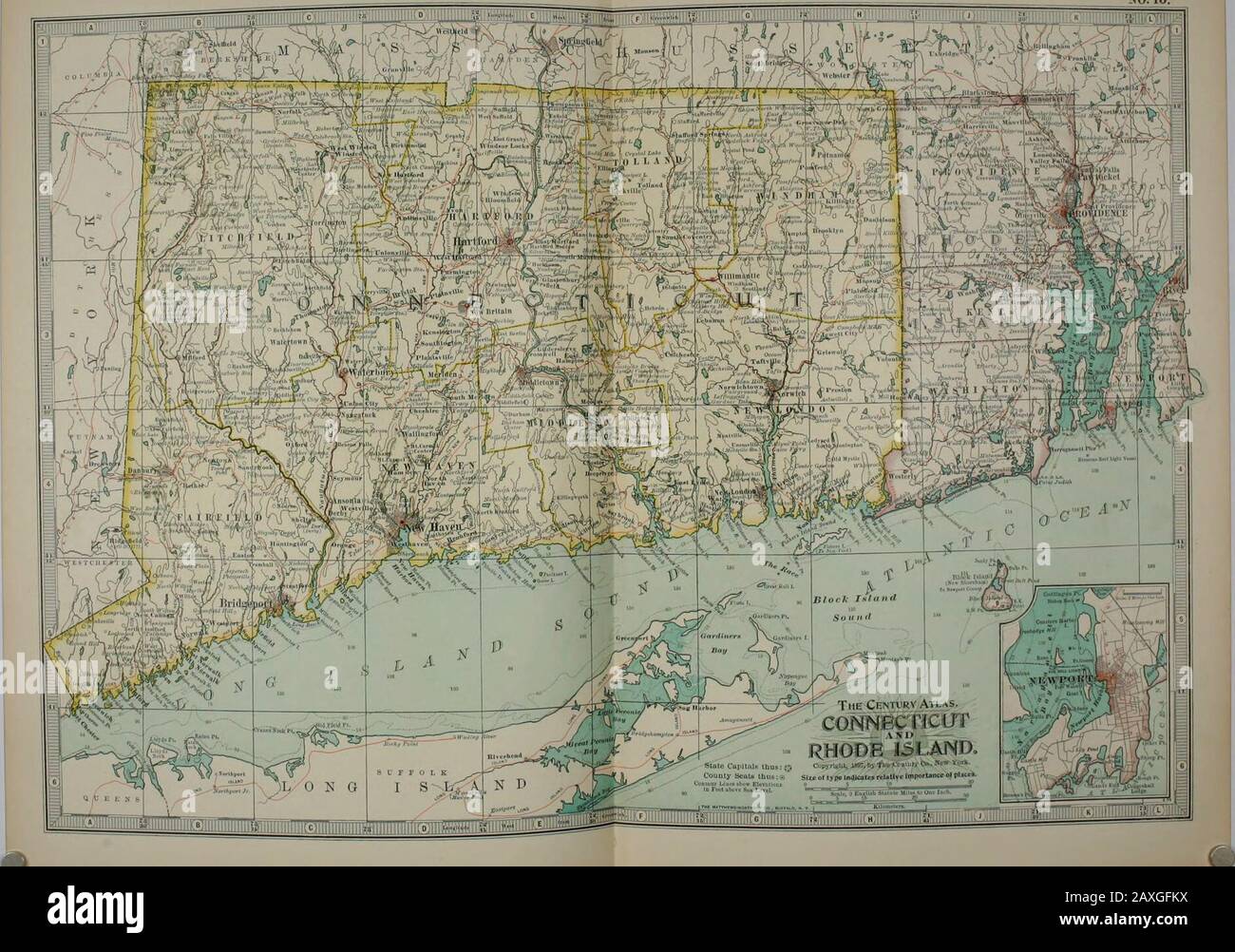 Das Century Dictionary und die Cyclopedia, ein universelles Referenzwerk in allen Abteilungen des Wissens mit einem neuen Atlas der Welt . m. Nr. q MASSACHUSETTS, östlicher Teil. NR. 10 CONNECTICUT UND RHODE ISLAND. NR. 10.. Nr. j^o^CONNECTICUT UND RHODH ISLAND. Nr. 11 NEW YORK.Southern Part. Stockfoto