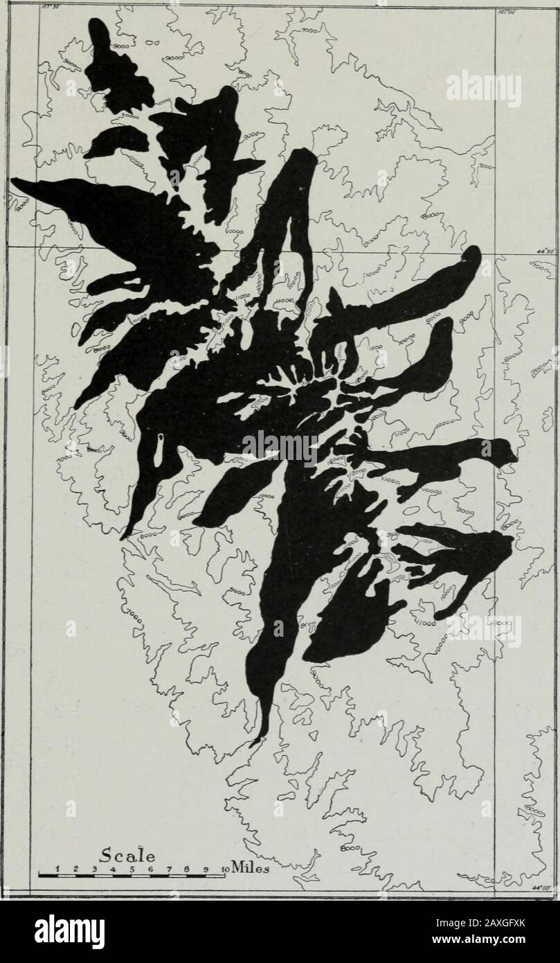 Geologie . olorado, wo ihre Quellen in Höhen von 11.000 feetor mehr waren.7 In keinem Teil Colorados bisher untersucht, scheint es einen Eiskörper zu geben, der über die Grenzen eines einzigen Drainagesystems hinausging. Südlich der Front Range von Colorado werden die östlichen Bereiche der Rockies von zahlreichen Gletschern bis in den Süden des nördlichen New Mexico 8 (lat. 35.45), 1 Willis, Tacoma Folio, U. S. Geol.-Umfrage. 2 Backwelder und Garrey, Jour, von Geol., Vol. IX, S. 721-724. 3 Calhoun. Jour, von Geol, Vol. IX, S. 718. 4 Blackwelder, Jour, of Geol, Vol XI, S. 216. 5 King, Geol Surv Stockfoto