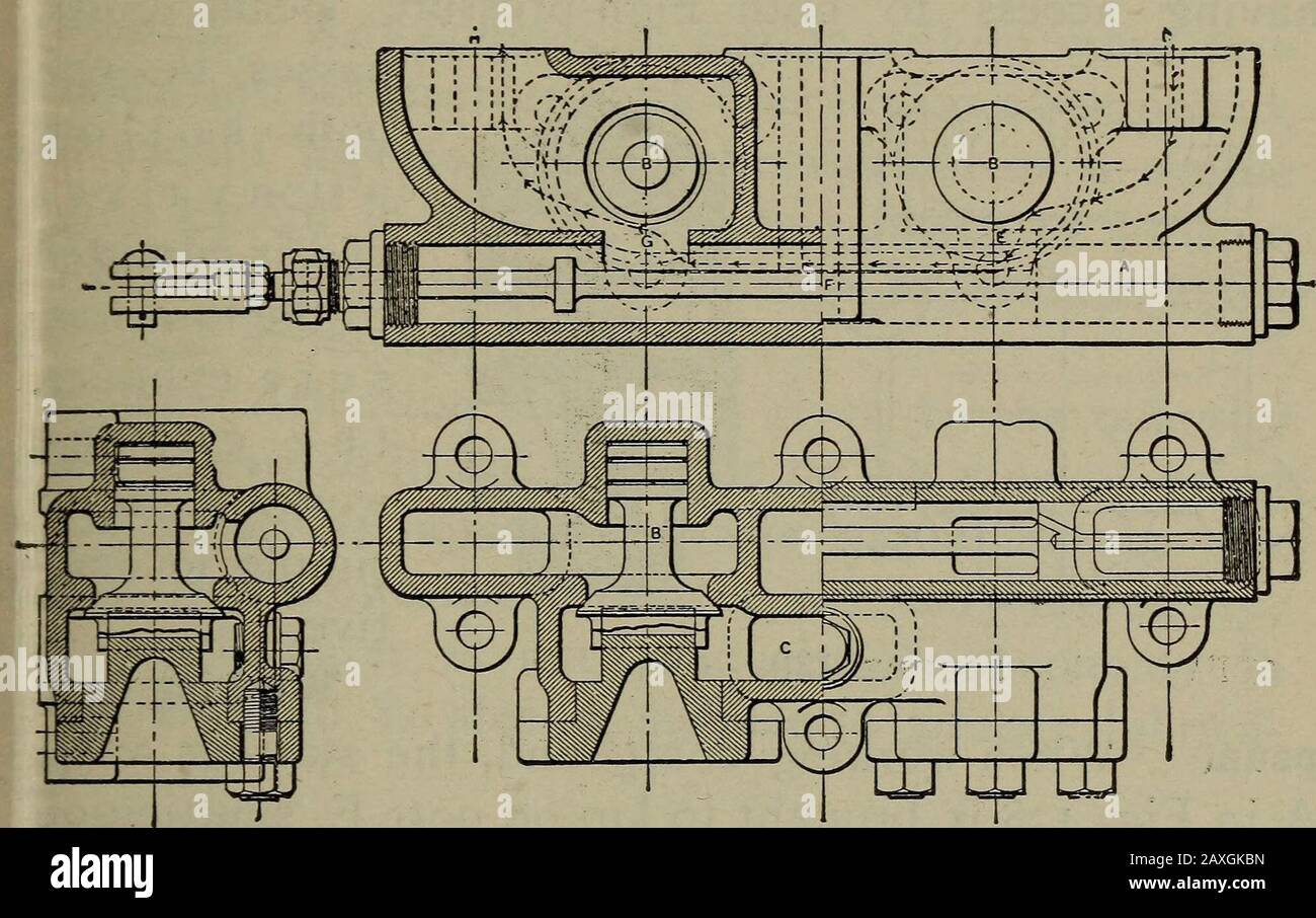 Cyclopedia of Locomotive Engineering, mit Prüfungsfragen und Antworten; ein praktisches Handbuch zur Baubetreuung und Verwaltung moderner Lokomotiven. ical section, in dem die Korierung für Dampf- und Abgasdurchgänge gezeigt wird. Der Sattel hat eine Öffnung c<:rotinto den Dampfrohrdurchlass, der sich von vorderem Toback auf jedem Eis erstreckt, wo es einen kreisförmigen Flanschvoranschluss auf die kurze Länge von Dampfoioe gibt, der ^ XX von der Vorderseite des Sattels bis zum Hochdruckzylinder reicht. Durch die Verkortung dieses Durchgangs vom Ende bis zum Ende des Sattels sind die Zylinder austauschbar für beide n Stockfoto
