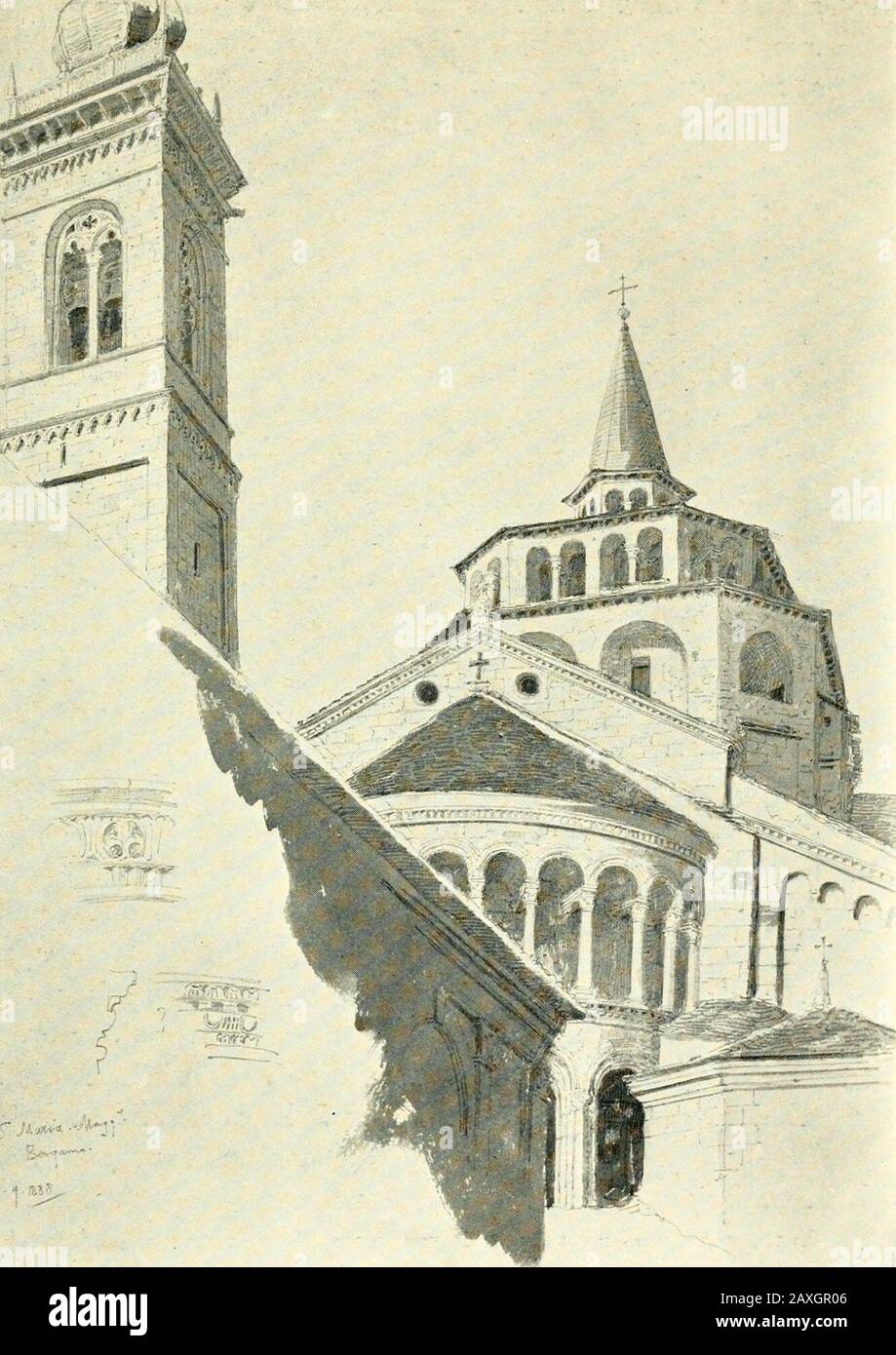 Byzantinische und romanische Architektur . eine Art fantastische Einlagen auf den Spandrillen des Arkadenbogens: In der fa9ade der Kathedrale von Lucca, 1204; inthe arcaded fa9ade und lange galleried Flanke des Duomoof Zara in Dalmatien, die 1285 eingeweiht wurde; Und in der Kirche S. Grisogono (1175) in derselben Stadt. Die Arkadengalerie war ein sehr allgemeines Merkmal um die Apsisgdry, wenn sie an anderer Stelle abwesend war. Die Halbkuppel der Apseen wurde nie in romanischer Architektur belichtet, aber sie wurde als Trommel getragen und mit einem Dach aus Holz und Kacheln bedeckt, und diese Wand hatte nur wenig Gewicht t Stockfoto