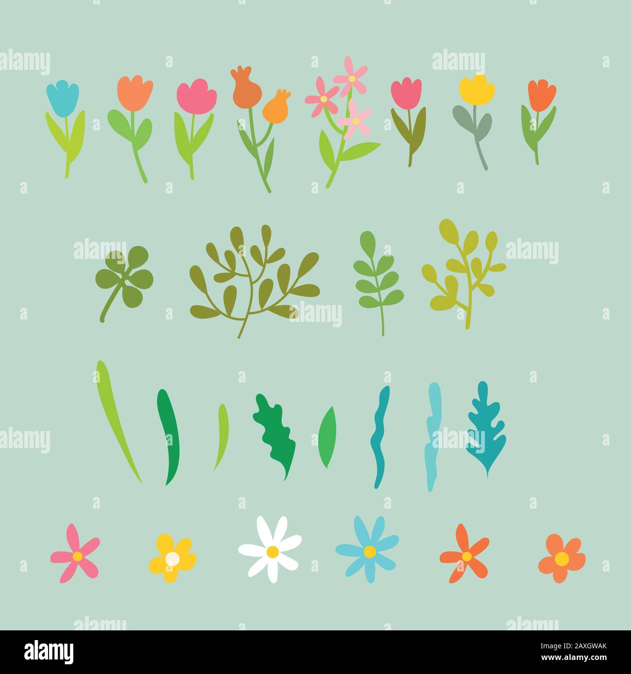 Vector Flat Cartoon Frühlingsblumen, Blätter gesetzt Stock Vektor