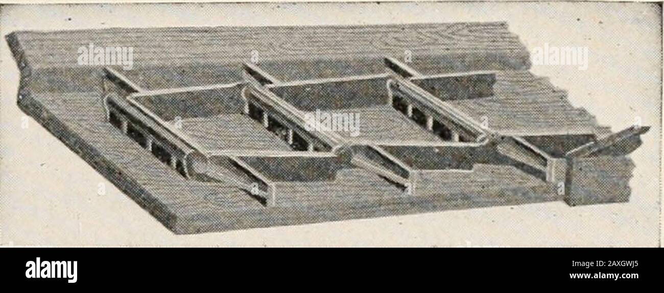Bauholz, Herstellung und Vertrieb . Mit -Erlaubnis Wheland Machine Co. Abb. 100.-Der Antriebsmechanismus einer Abfallförderkette. A. Das Zahnradgetriebe, das das Kettenrad B. C. Antreibt, Eine Spannrolle, über die die ConveyorChain verläuft. D. Antriebsrad. E. Eine Leitradmaschine am Walzende der ConveyorChain. F. Eine Leitradscheibe am Lieferende der Transportkette. G. EIN MetalTrough, der das Terminus des Förderers bildet. 1 Siehe Seite 137. Sägewerk 135 Förderanlagen für den Transport von Sägemehl, Platten und Abfall aller Art zur Lattenmühle und zum Müllbrenner oder zum Brennstoffhausetravel in kastenförmigem c Stockfoto