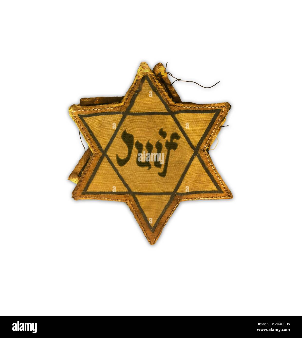 Holocaust-Gedenktag, gelbe Grenze, schwarzes Zentrum und Stacheldraht. Das Wort Juif bedeutet auf Französisch Jude. Stockfoto