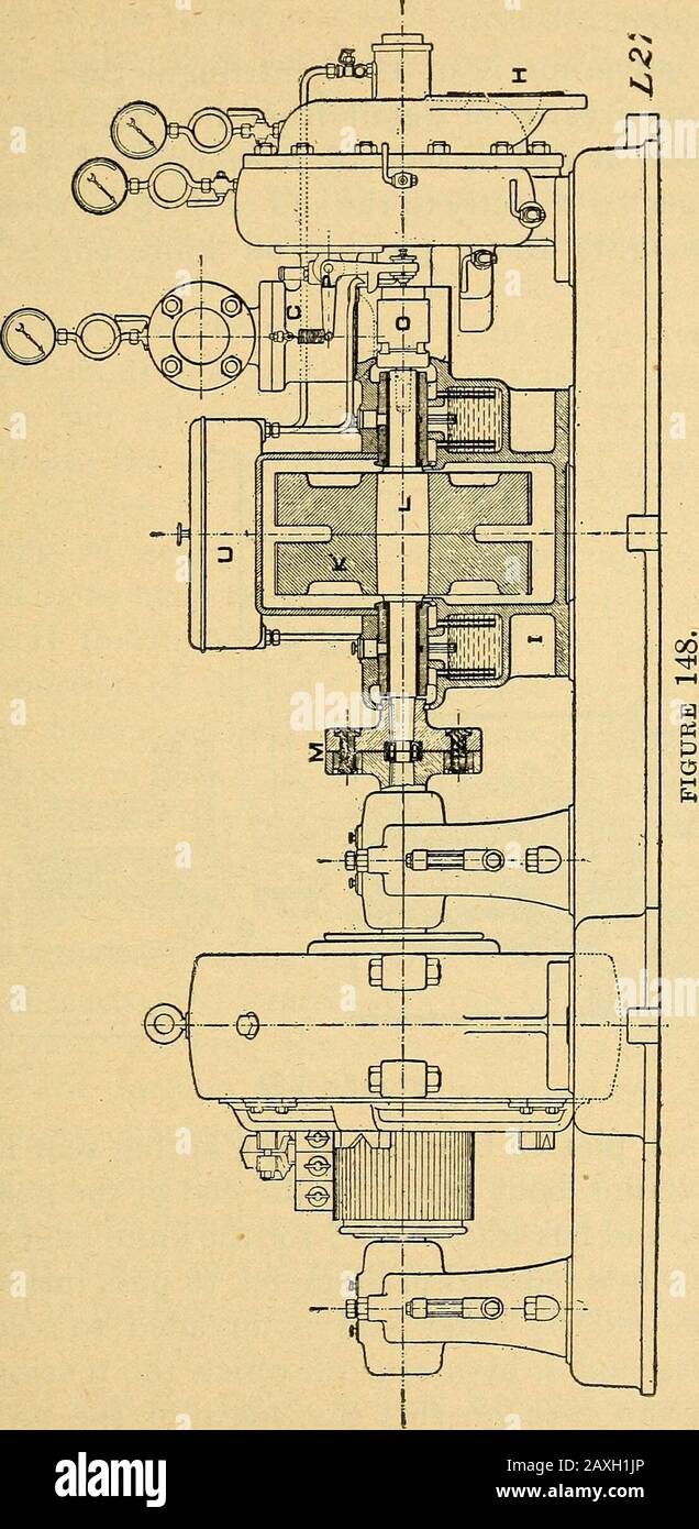 Handbuch für Dampftechniker und Elektriker des 20. Jahrhunderts mit Fragen und Antworten .. . Rad K. Dieser wird auf die Welle L gedrückt, die mit den Kupplungen M mit dem Dynamo verbunden ist oder für eine andere Übertragung verlängert wird. O, Abb. 148, ist der Regler mit einer konischen Schankin am Ende der Welle L gehalten, und mit Hilfe des Tellerhebels P wird das Reglerventil C betätigt. Die Gleitwelle wird in drei Lagern, Abb. 147, abgestützt. Q Andr sind die Ritzellager und S ist die Hauptwelle, die den größeren Teil des Gewichts des Rades trägt. Dieses Lager ist selbstausrichtend und wird an gehalten Stockfoto