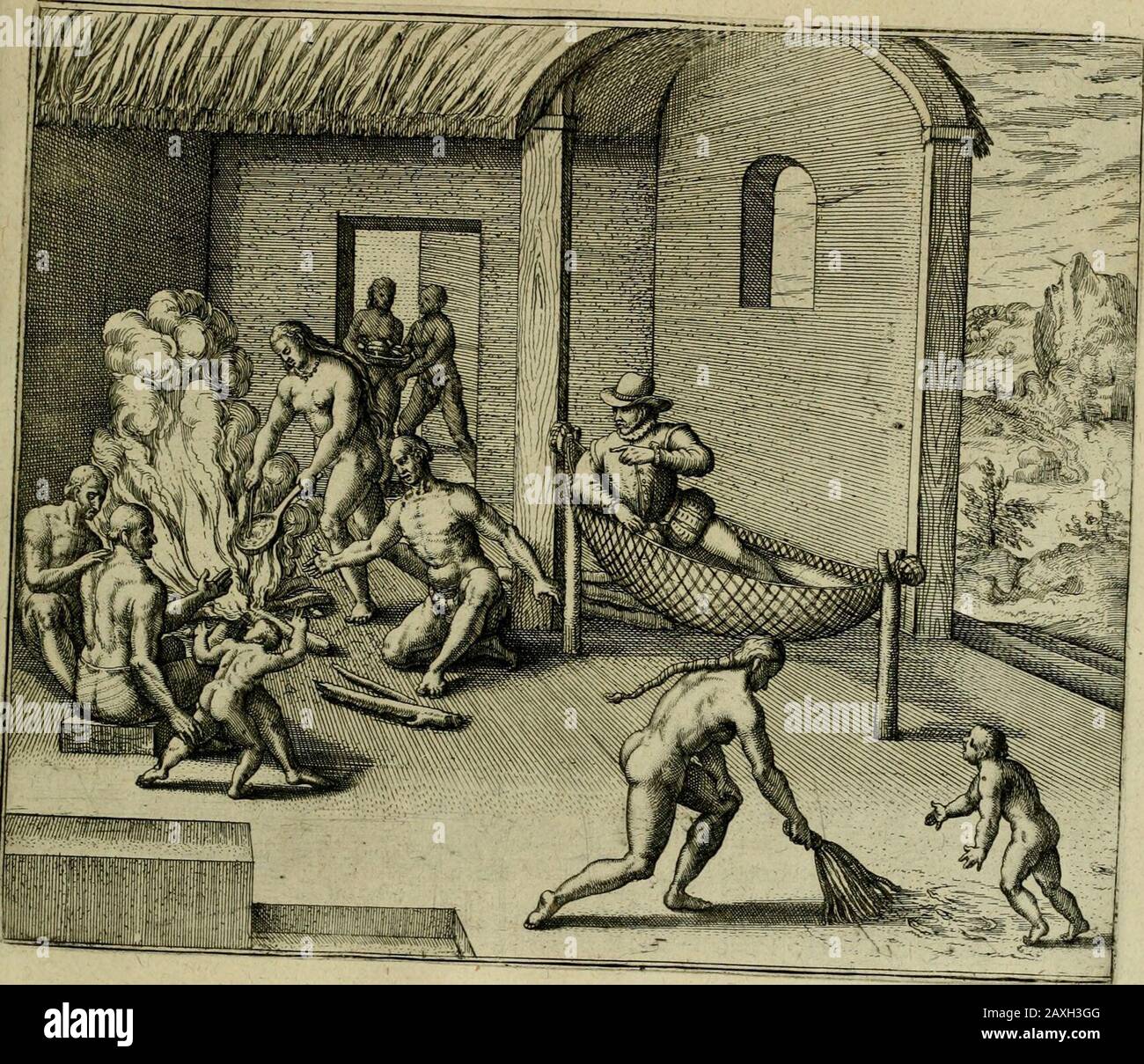 Americae pars qvinta Nobilis & admiratione plena Hieronymi Bezoni Mediolanensis, secundae sectionis hiãHispanorum: tùm in Nigrittas seruos suos, tùm in Indos crudelitatem, Gallorumq pirataru de Hispanis tobies reportata spolia: Aduentu item Hispanoru in Nouam Indiae continentis Hispaniam, eorumq contra incolas eius regions saeuitiam explicans addita ad singula fere capita scholia, in quibus res Indiae luculenter exponuntur : accessit praeterea tabula chorographica nouae Hispaniae in Indien occidentalj: Ad invictis Rvdomph II..omnia elegantibus figuris in aes incisis expressa. S tituloPrxfe&ieiu Stockfoto