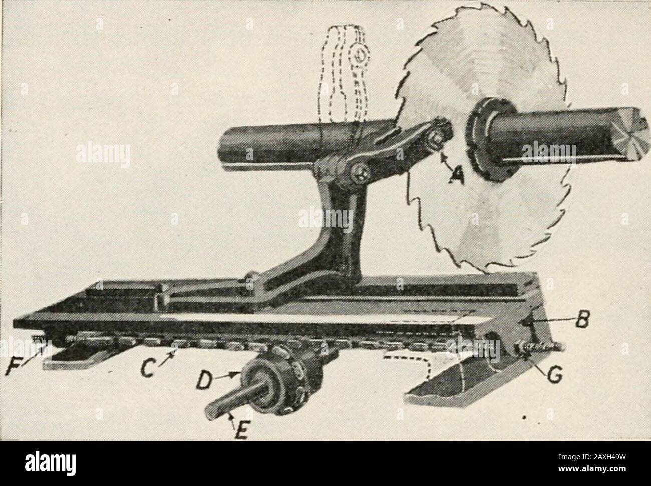 Schnittholz, seine Herstellung und Verteilung. Ausschnitt der Art, wenn die Säge aus der Lauge entfernt wird. Die in Abb. dargestellte Sägebeitung. 73, wird auf einer Planbügel-Führungsplatte B montiert, die 30 bis 48 Zoll lang ist und planiert gleitet. Die Theseguide Platten werden von einer flachen Stahllenkerkette C bewegt, die am Ende der Schaltstange E um die Kettentrommel D gewogen wird, die Enden 100 SÄGEWERKE der Gliederkette, die an den Augenschrauben F und G befestigt werden. Die Schaltstange E verläuft unterhalb der Rollen. Am vorderen Ende des Edgertisches, an dem ein Handrad befestigt ist, mit dessen Hilfe die Edgermanrota befestigt ist Stockfoto