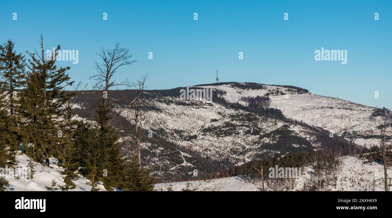 Skrzyczne Hügel - höchster Hügel der Berge von Beskid Slaski in Polen während des Wintertags mit klarem Himmel Stockfoto