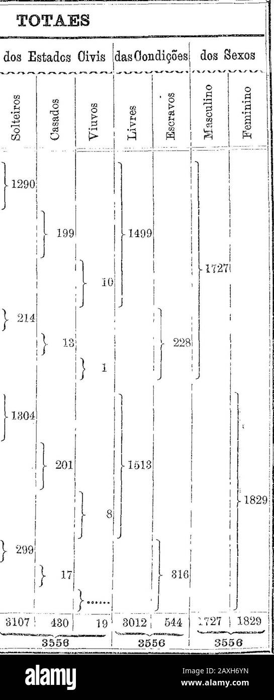 Recenseamento Geral do Impéro de 1872Sergipe. O o ti A&gt; 03 pi ai 03 ^ -2 Spirit io de 303 H M od PÍ03 Ph O ti CS Brandos Pardos Pretos Caboclos Brancos, Pardos Pretos Caboclos, Brancos i • Pardos! ? Pretos; ? Caboclos li i Pardos. . Pardos • • Pretos,•! • Pardos M tíJ Pretos Kaças das í " 553 725 12 95 103 414 5-1 183 4 1 524 752 19 O 7697 GO 154 527 755 87 113 19 1 80 25 906 20911 . . 15 1269 1869 415! 3556 TOTAES dos Estados Oiyis O03 o 1290 ] - 199. Parochia de Jesus9 Maria José do Pé do Banco EsÍMPÍM NATOS &lt; Sexos HOMENS MULHERES Relip Cathoucos..acatholicos Catholicas Stockfoto