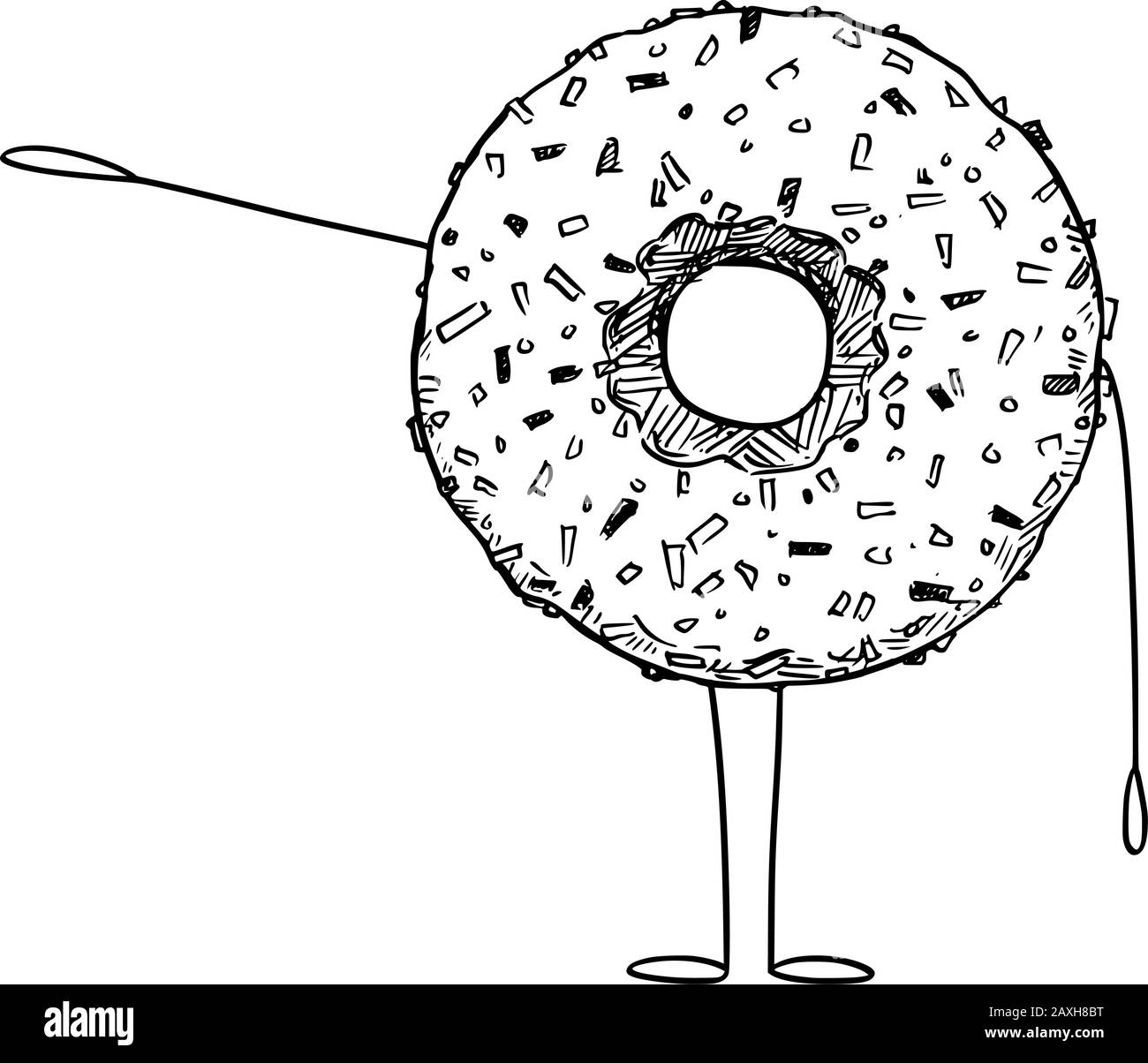 Vektorgrafiken von Cartoon-Donut oder Donut-Zeichen, die etwas von Hand zeigen oder darauf zeigen. Gesunder Lebensstil und Werbung für Junk- oder Backwaren oder Marketingdesign. Stock Vektor