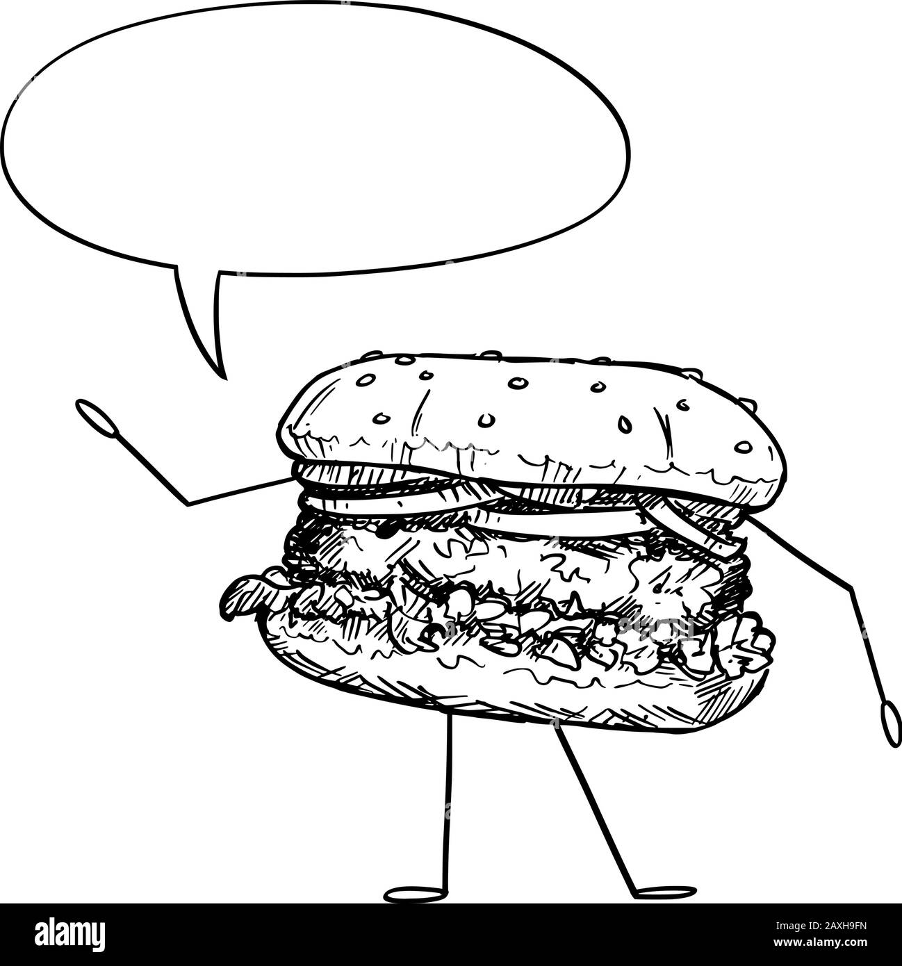 Vektorgrafiken von Cartoon-Hamburgern oder Burger-Charakter mit Sprechblase. Gesunder Lebensstil und Werbung für Junk- oder Fast-Food-Werbung oder Marketingdesign. Stock Vektor