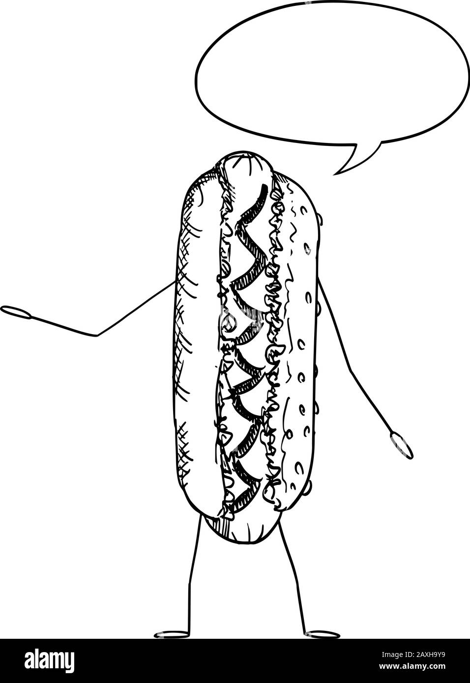 Vektorgrafiken von Cartoon Hot Dog oder Hotdog Food-Charakter mit Sprechblase. Gesunder Lebensstil und Werbung für Junk- oder Fast-Food-Werbung oder Marketingdesign. Stock Vektor