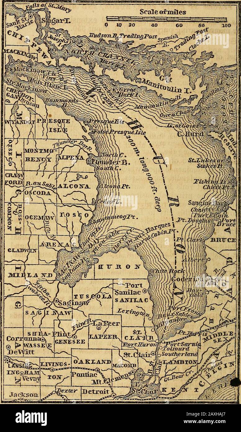Ensign, Bridgman & Fanning's See- und Flussführer; . ), die Michigan Central, die Detroit und Toledo und die Pontiac Railroads. Pop., 1840, 9.102; 1850.21.019; 1853, 34.568. Detroit River bildet die Grenze zwischen den UnitedStates und Kanada und erstreckt sich vom 26 Meilen langen Lake St. Clair bis zum Eriesee. Gegenüber von Detroit ist es drei Viertel über eine Meile breit und für die größten Schiffe befahrbar. Nearits Mund sind mehrere Inseln, von denen die größten die großen Und Kämpfenden Inseln sind. Zurück vom Fluss, dem Land, das sich auf ein niedriges Gelände ausdehnt, und die Siedlungen sind nur ein Bauernhof tief am Ufer des t Stockfoto