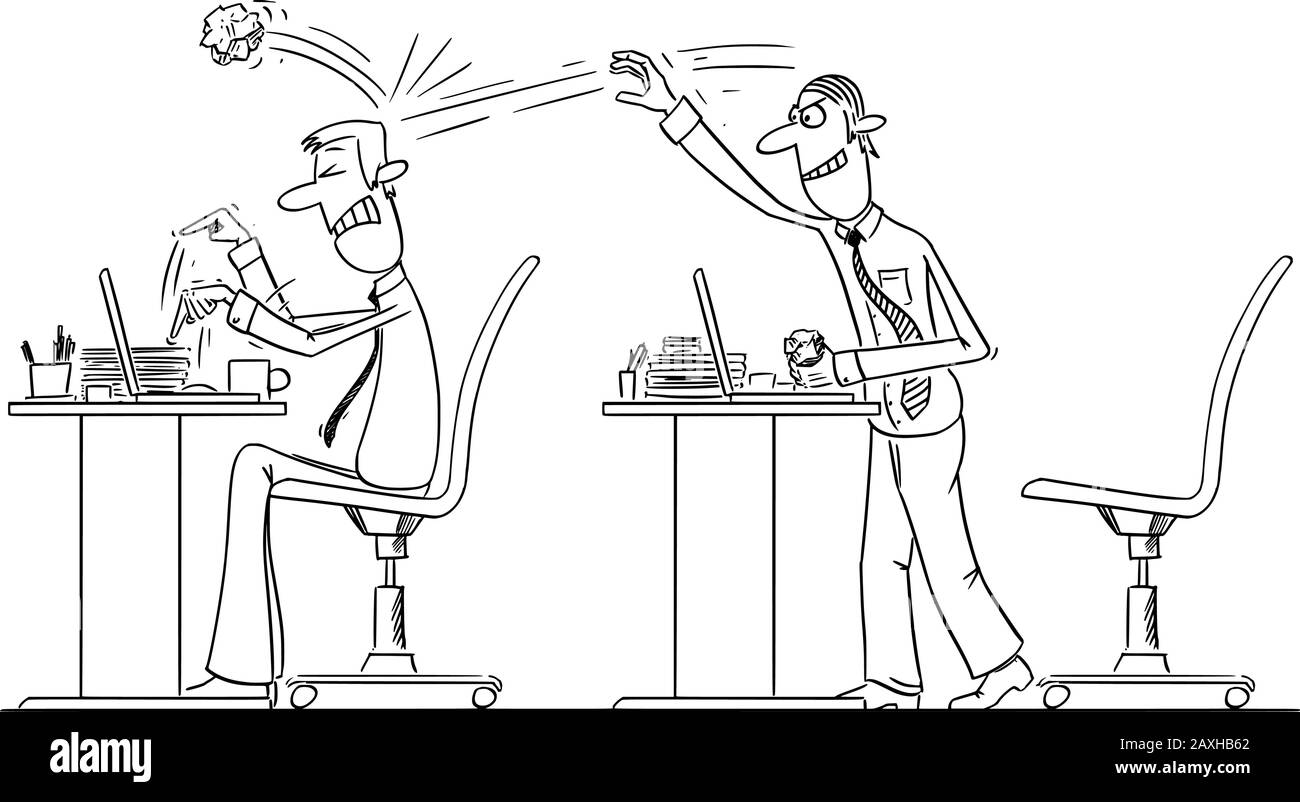 Vector lustige Comic-Cartoon-Zeichnung von Büroangestellten oder Geschäftsleuten, die zerknitterten Papierball auf Kollegen werfen, die am Computer arbeiten. Mobbing in der Arbeit. Stock Vektor