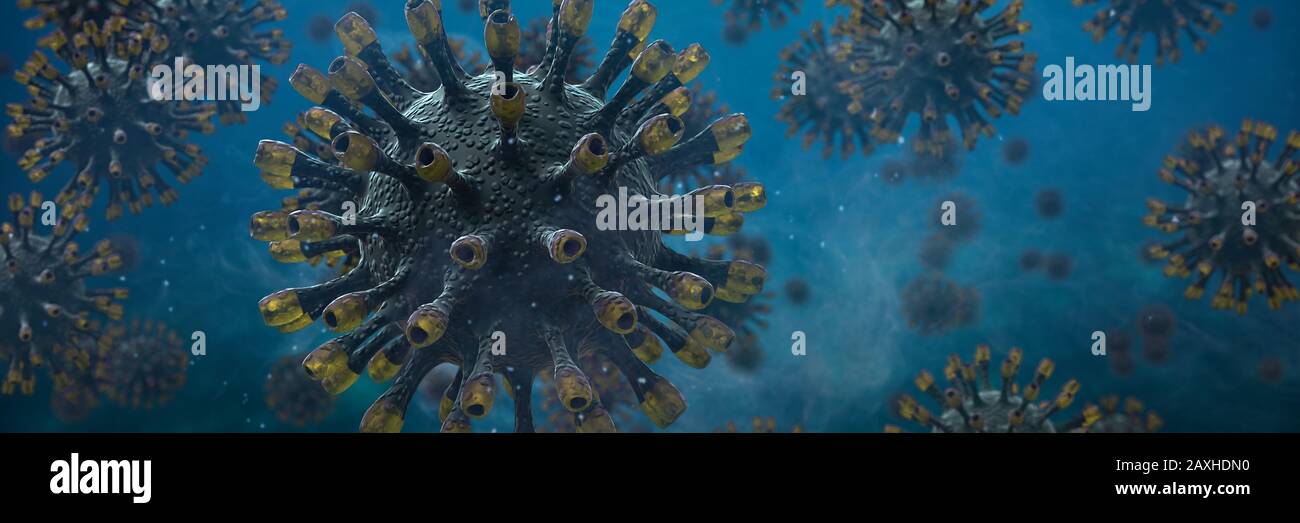 Ansteckendes Coronavirus, gesundheitsbedrohende Viren in flüssiger Umgebung, Mikrobiologie Nahaufnahme Stockfoto