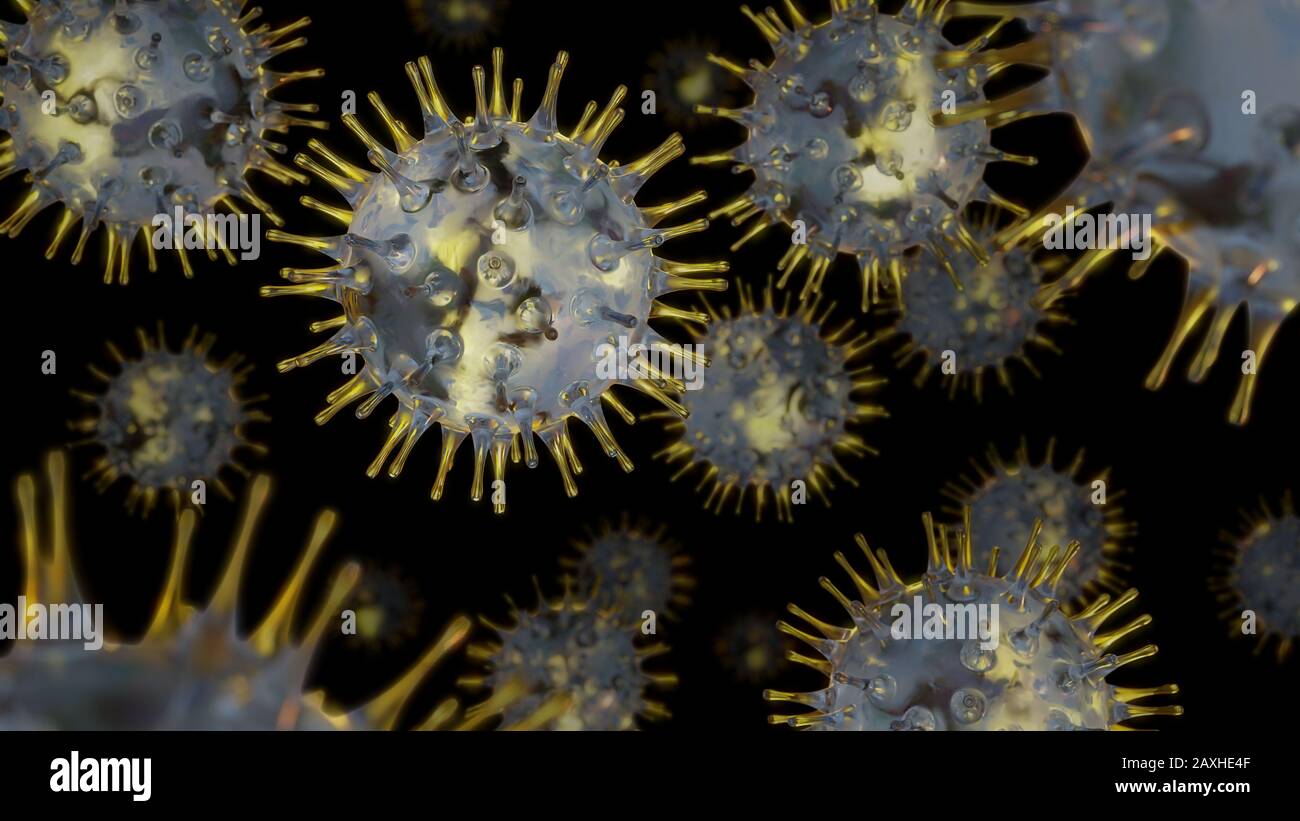 Gruppe von Viren, Coronavirus, das Atemwegsinfektionen verursacht, und die häufige Erkältung auf schwarzem Hintergrund Stockfoto