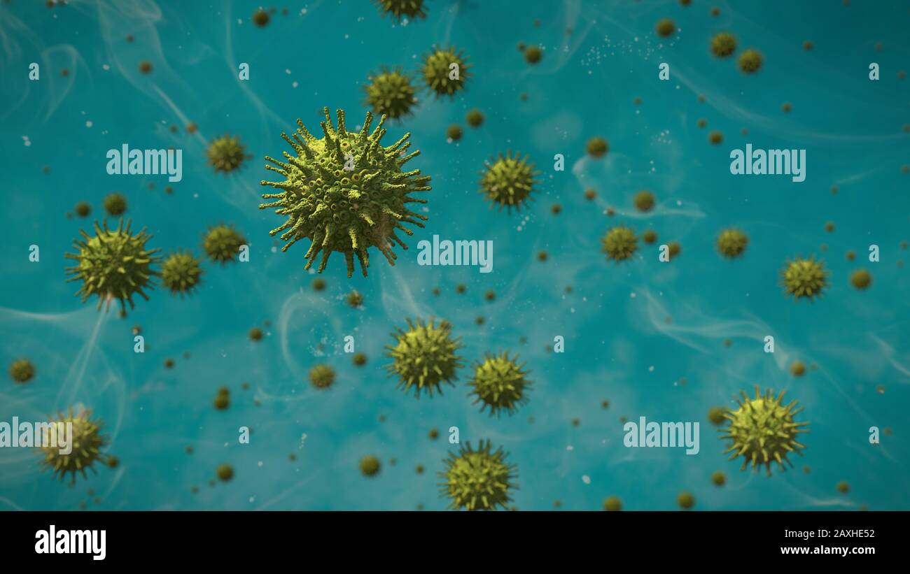 Ansteckender Coronavirus-Ausbruch, gesundheitsbedrohende Viren, Mikrobiologie Nahaufnahme Stockfoto