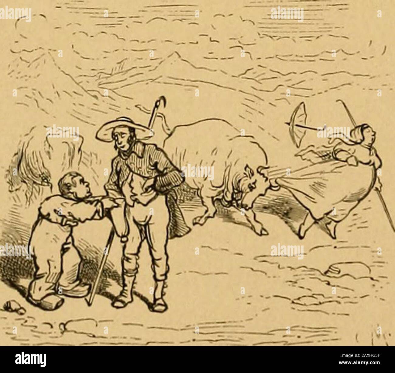 Eine Tour durch die Pyrenäen. Ein Bauer ist auf der Straße am Werk. Ich bin ein guter Weg für Sie, sagt er; gebt mir nur Vorhof. Am Ende einer Promenade spielt eine Band von Scapegraces, sobald sie Sie sehen, nehmen sie sich an der Hand, beginnen den Tanz des Landes und sammeln am Ende die übliche Trifle.Und so ist es in den Pyrenäen. Kap. VI DIE EINWOHNER. Stockfoto