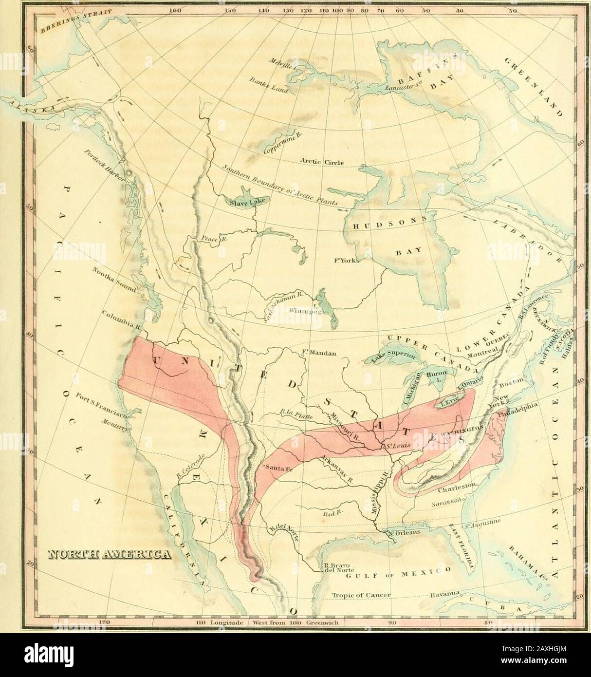 Transaktionen - American Philosophical Society. Beschränkt auf die Gipfel der Thesemounitains, wie die Finnen jiungens^ Rhodendron Catawbien-.e,R. minus, Diphylkia cymosa, Pachysandra procumbens, Aco-nitum uncinatum, Galax aphylla, Sfc.-westwärts der Al-leghanies, Pflanzen auftreten, die nicht den Atlantik erreichen: 284 ÜBER DIE GEOGRAPHISCHE VERTEILUNG DER PFLANZEN. Viele sind zwischen Mississippi und den Nordanden als verschiedene Arten von Pentstemon beschränkt. Eriogmium, Psora-lea, Gawa, ^nothera, &lt;^c.-die Gipfel dieser Berggipfel stellen eine besondere Art dar:-^das Land westlich von Thischain leisten sich Stockfoto