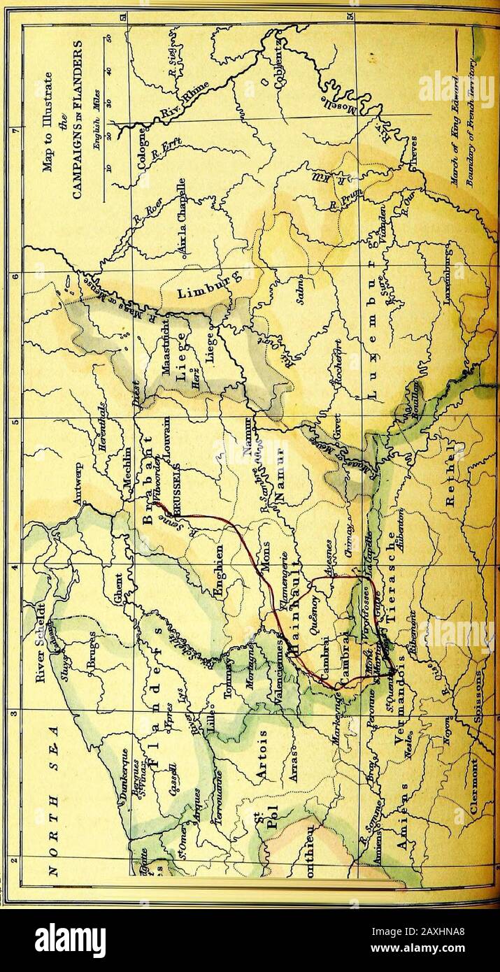 Die Geschichte des Lebens und der Zeiten von Edward, dem Dritten, bleibt in jedem flämischen Hafen formore als eine Flut, es sei denn, dies wird von anotorischen und offensichtlichen Versuchungen veranlasst, und dass die Schiffe direkt dem Sturm weichen sollten, war vorbei. Am Ende des Monats Juli ernannte Edward seinen ältesten Sohn Edward, Barnes, S. 1016 bis 1020, 1031 und 1067.^ Ryraer, Bd. ii. S. 103.VOL. I. K 130 LEBEN UND ZEITEN OP EDWABD III. Kap. VII A.r).i338. Herzog von Cornwall und Earl of Chester, um während seiner Abwesenheit Hüter des Königreichs zu sein; und am 16. Kii^und ^^ ^^^ Segelte Er Noch Im Selben Monat nach Flanderns von theJuli loih po Stockfoto