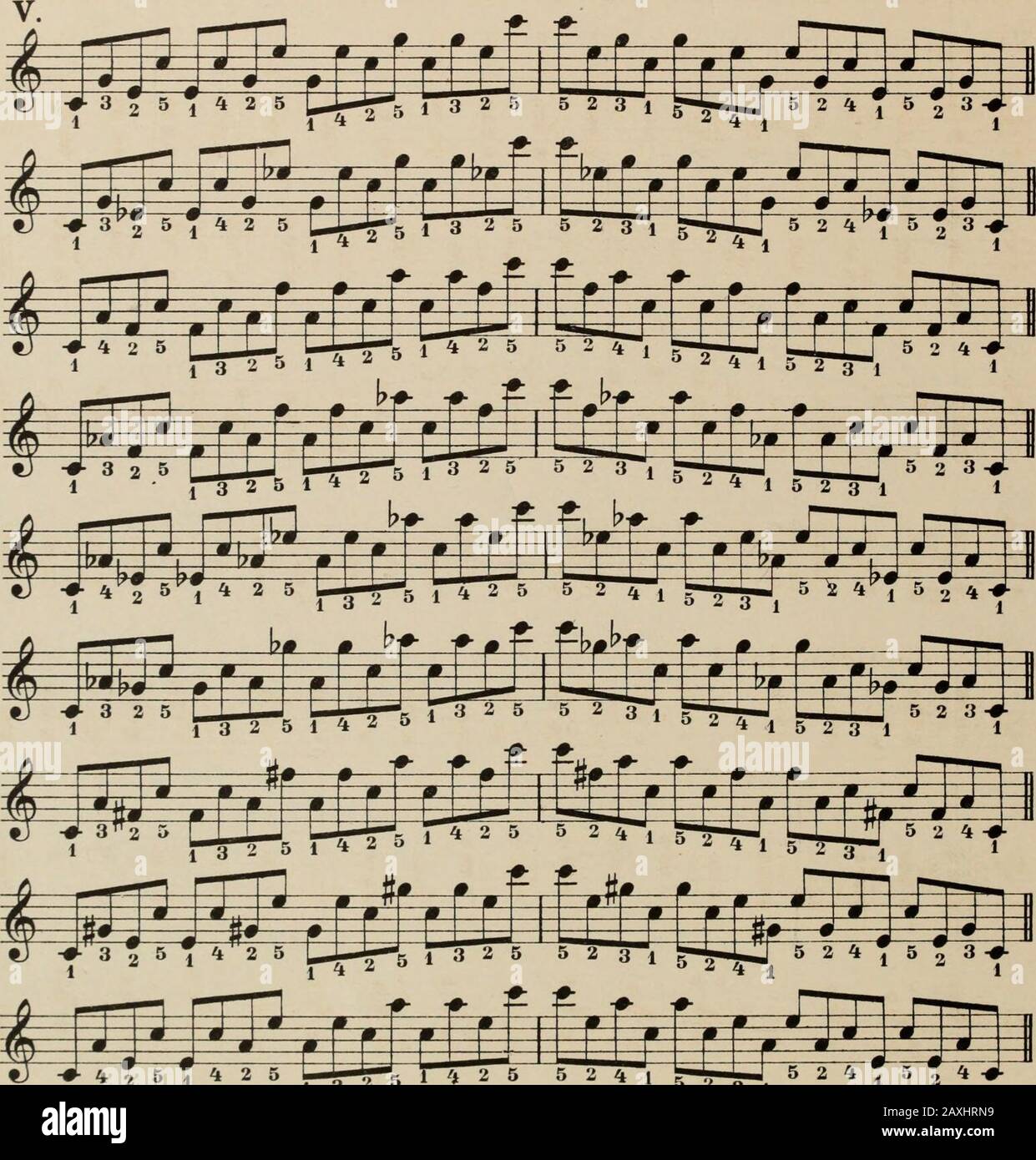 Mein System des übens für Geige und Lavier auf psycho-physiologischer grundlinie . 50 Gebrochene Akkorde in der anderen Art. 4 2 5 t 4 2 5 f-5 2 b 1 * - 5 2 3-4 1 ö 2 * T -^--3---3-*_,-,-ß- iti-p-PF-J-T-. "3 *U 2 5 1 * 2 5 HL 2 8 1 * 2 5 5 2 4 J4 fc-jg H 5 2 * i 5 2 4 * i ffi k k #1 * Stockfoto