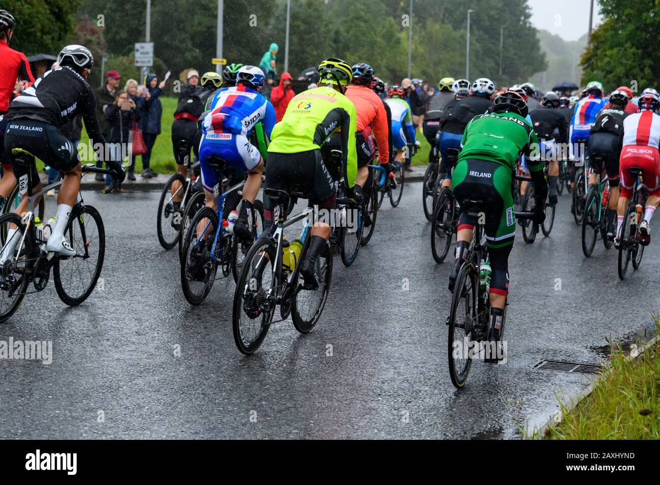 Männer Straßenradsport (Radfahrer auf Rädern im Peloton) Reiten und Rennen von Anhängern bei Regen - die Weltmeisterschaften der Rennbahn, Yorkshire, Großbritannien Stockfoto