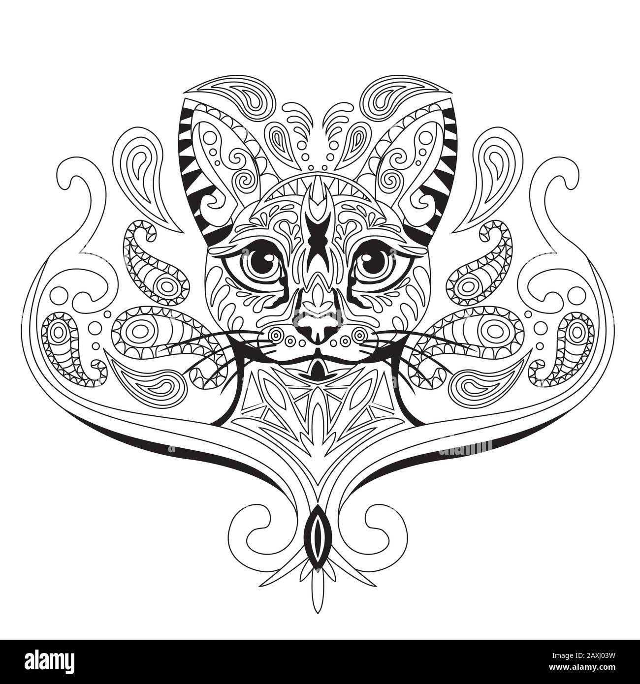 Vektorhandzeichnung zentangle Farbgebung Antistress mit ornamentalem Katzen-Porträt isoliert auf weißem Hintergrund. Illustration für dekoriertes T-Shirt, stat Stock Vektor